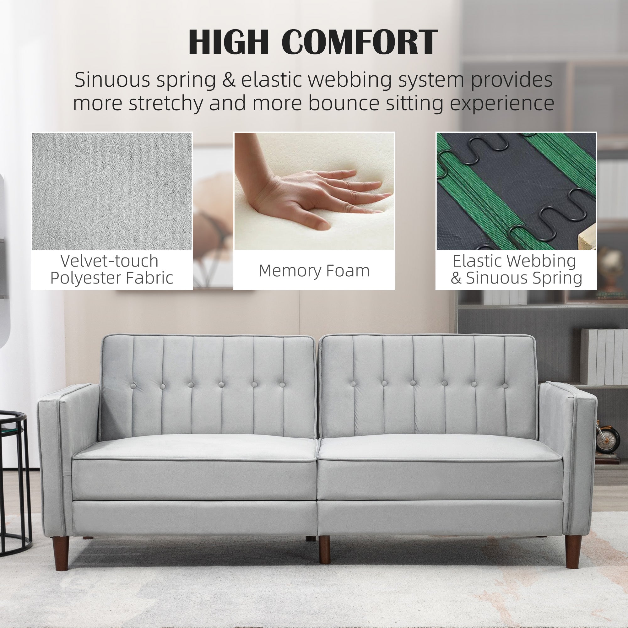 HOMCOM Modern Convertible Sofa Futon Velvet-Touch Tufted Couch Compact Loveseat with Adjustable Split Back, Light Grey - North Peak Garden Furniture