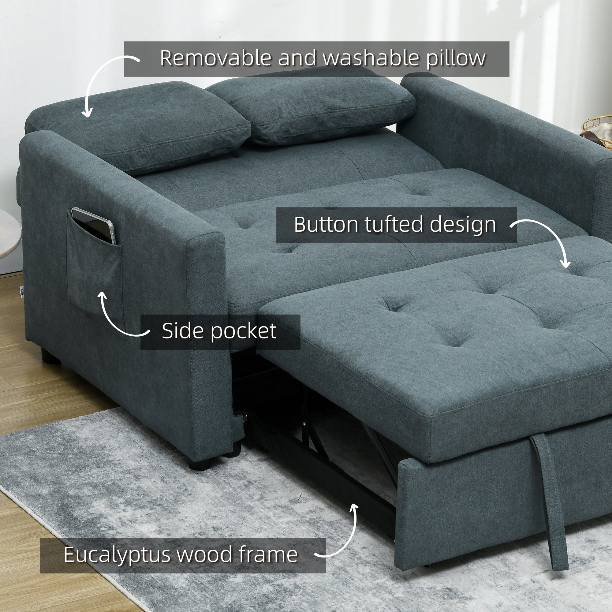 HOMCOM Loveseat Sofa Bed, Convertible Bed Settee with 2 Cushions, Side Pockets for Living Room, Charcoal Grey - North Peak Garden Furniture