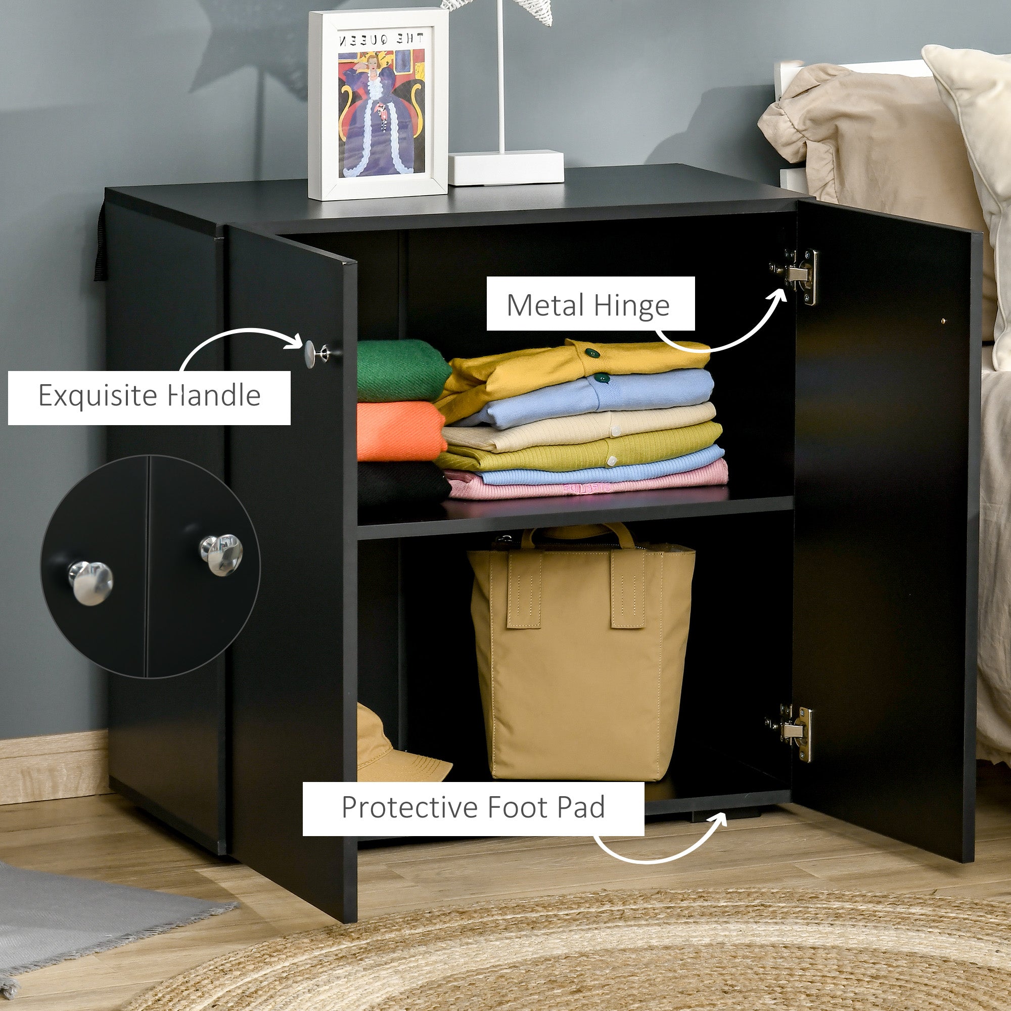HOMCOM Storage Cabinet w/ Two Shelves Wooden Sideboard Freestanding Kitchen Cupboard Bookcase - Black - North Peak Garden Furniture