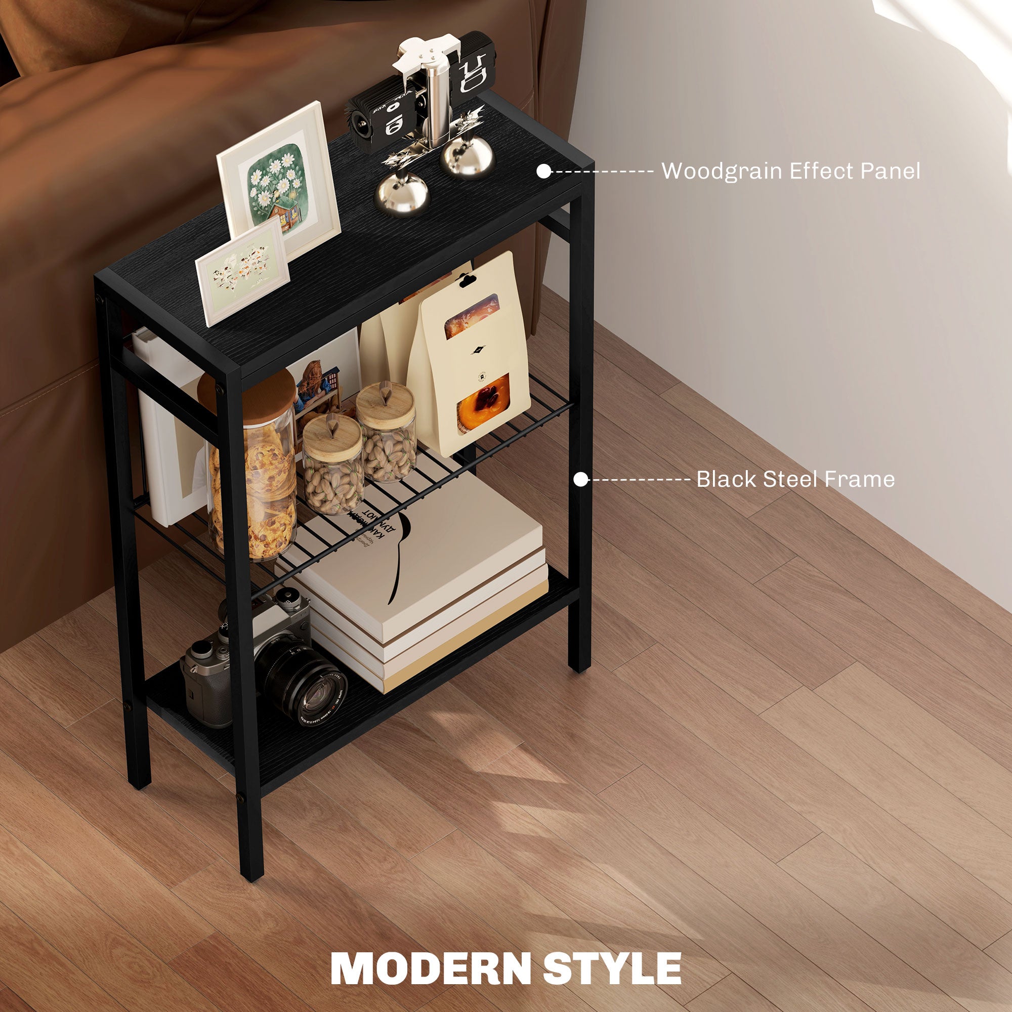 HOMCOM Three Shelf Industrial Side Table, Black - North Peak Garden Furniture