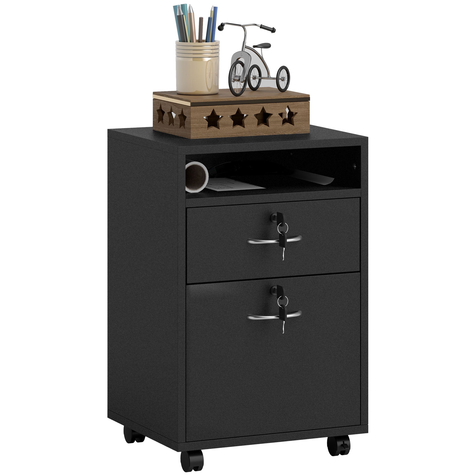 HOMCOM 60cm Filing Cabinet with Drawer, Open Shelf, Metal Handles and 4 Wheels, Office Home Organiser Mobile Printer with Two Locks, Black - North Peak Garden Furniture