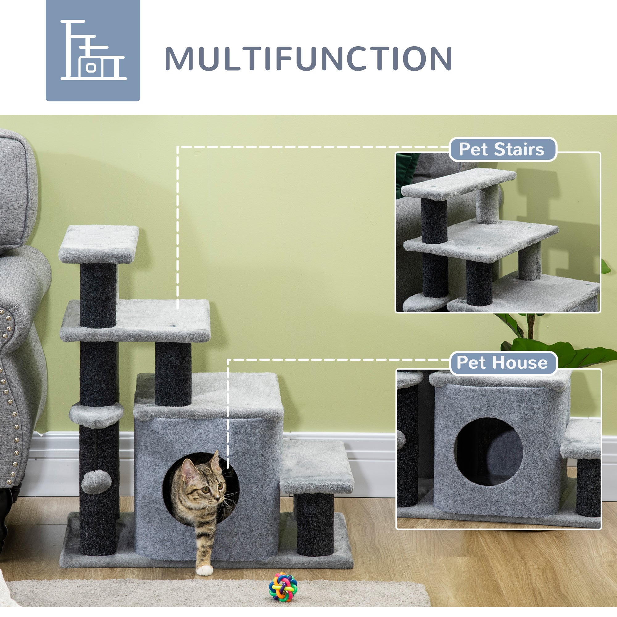 PawHut Adjustable Cat Steps, with House & Hanging Toy Ball - Grey - North Peak Garden Furniture