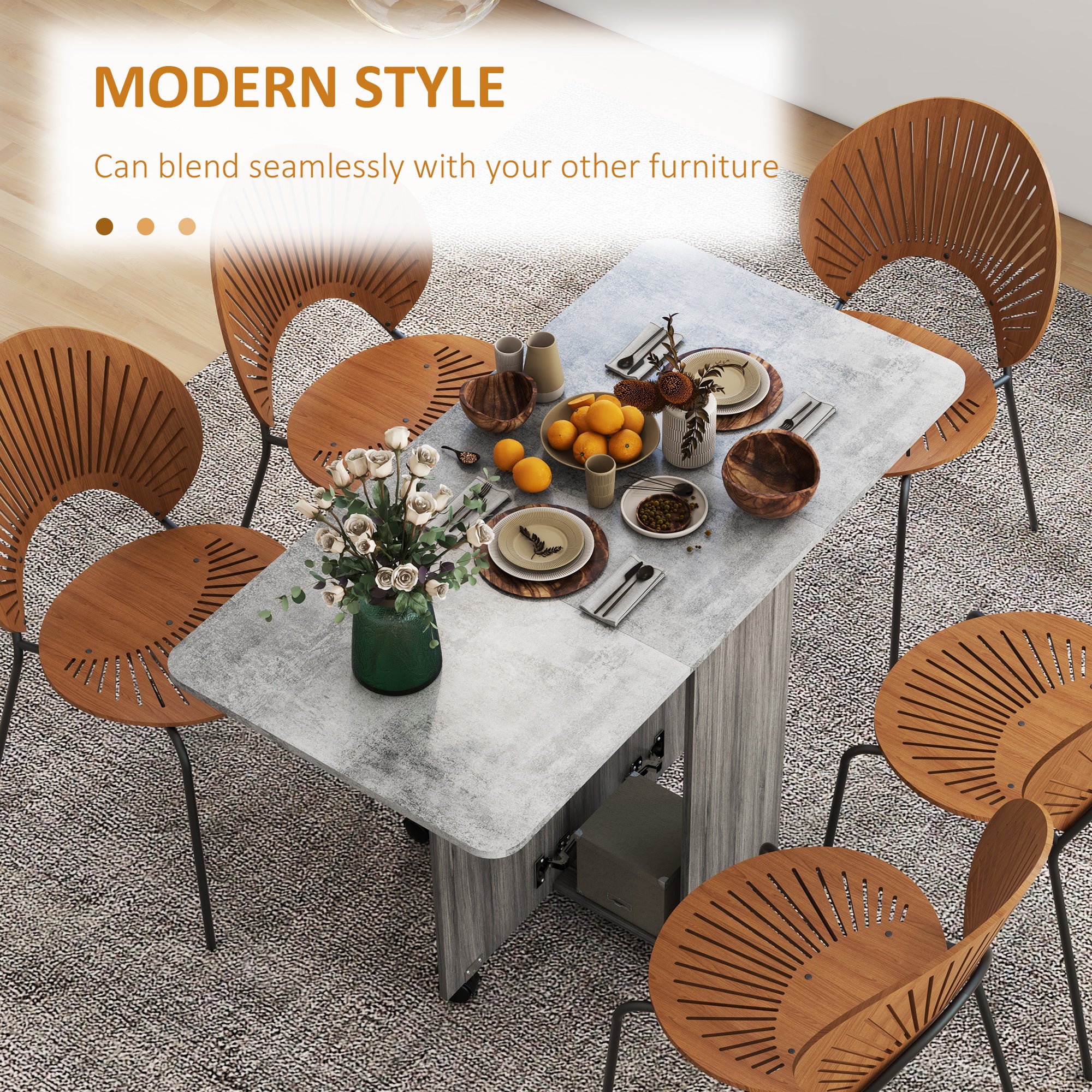 HOMCOM Multi-Storage Six-Person Drop Leaf Dining Table - Mixed Grey - North Peak Garden Furniture