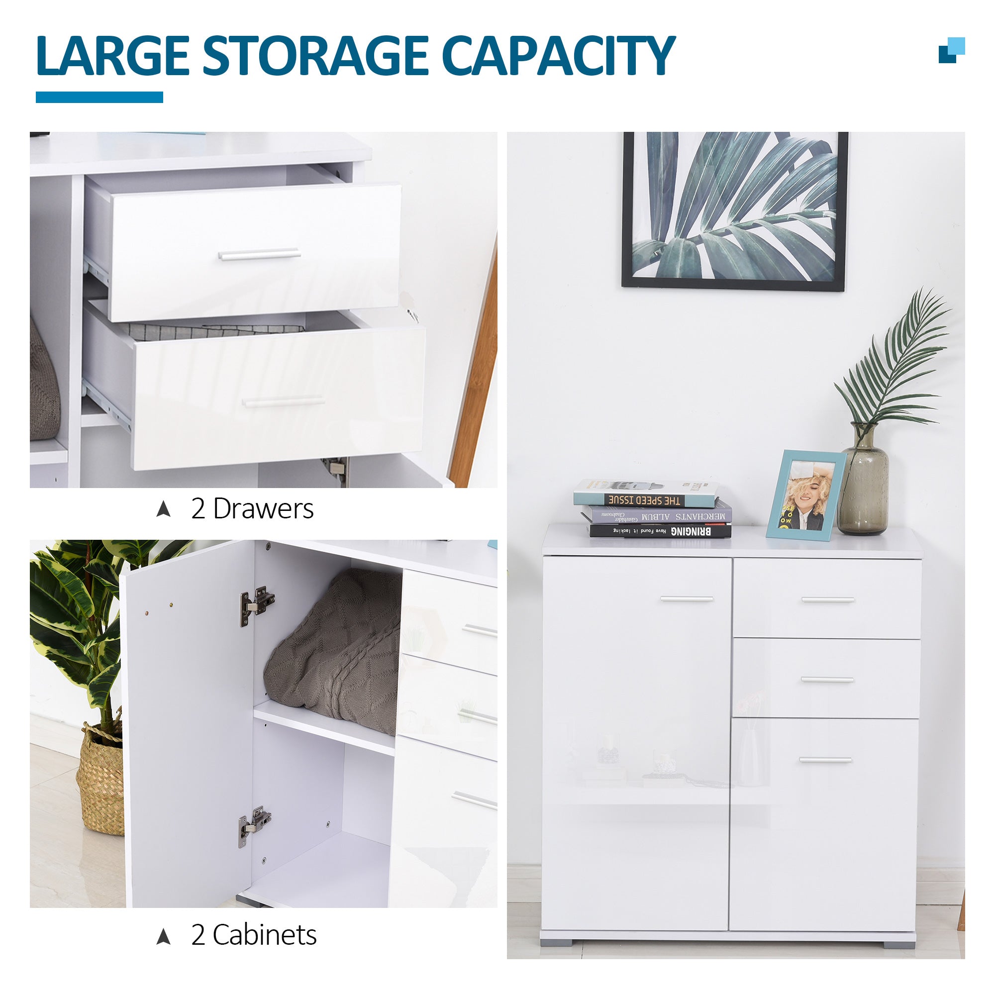 HOMCOM Modern High Gloss Sideboard Storage Cabinet Table Chest of Drawers for Bedroom Living Room Storage Furniture, White - North Peak Garden Furniture