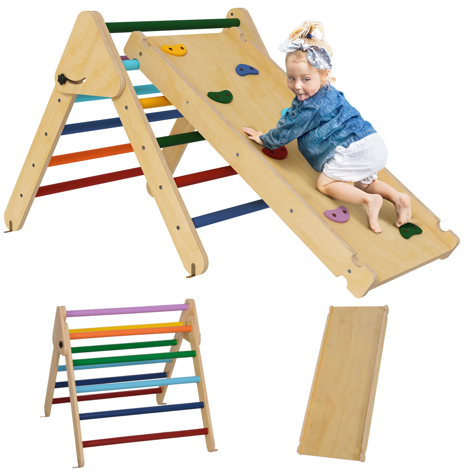 AIYAPLAY Toddler Climbing Frame for Kids with Ramp, 3 in 1 Wooden Pikler Triangle Set for 18-48 Months, Multicolour - North Peak Garden Furniture