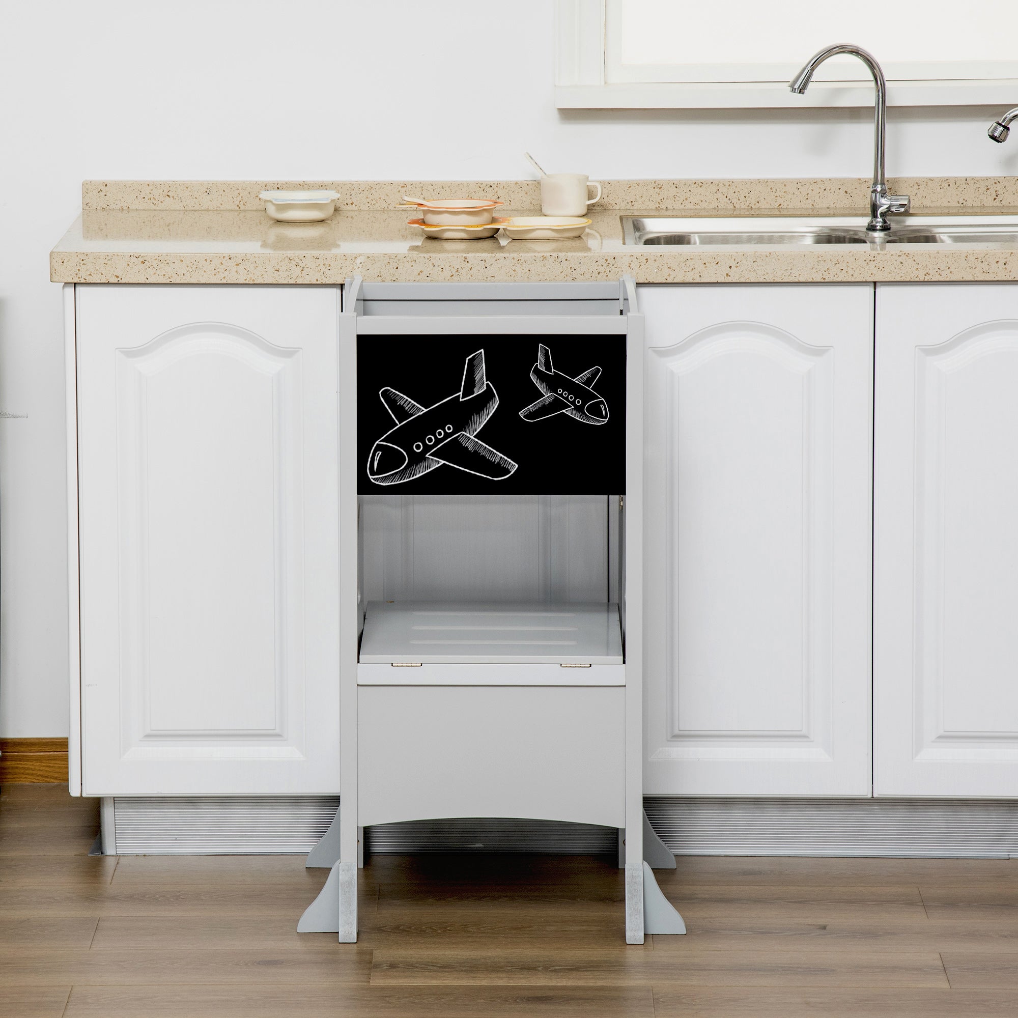 HOMCOM Kids Step Stool Toddler Kitchen Stool with Blackboard Lockable Handrail for Kids Kitchen Counter Grey - North Peak Garden Furniture