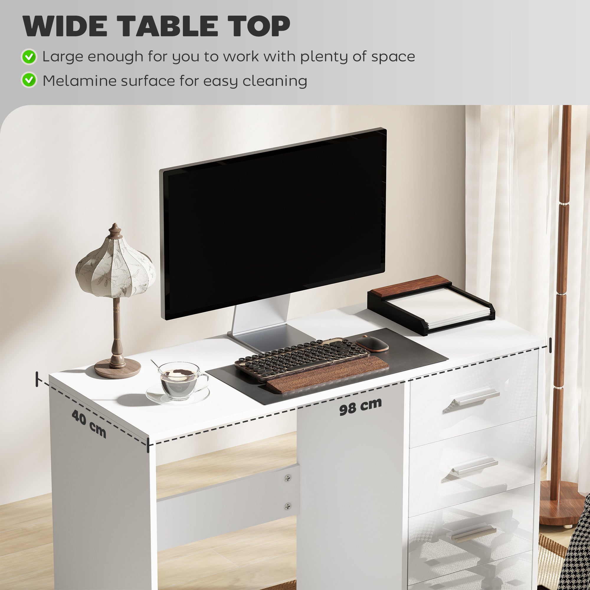 HOMCOM Computer Desk with Drawers, Dressing Table, High Gloss Home Office Writing Workstation, White - North Peak Garden Furniture