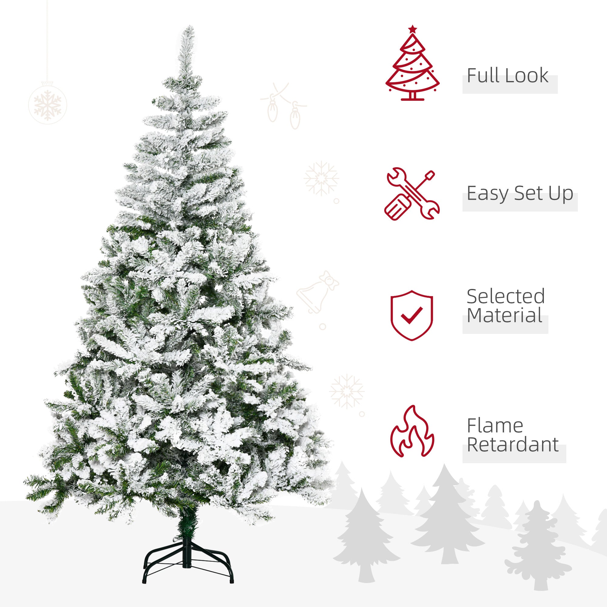 HOMCOM 6 Ft Snow Flocked Artificial Christmas Tree Xmas Pine Tree with Realistic Branches, Auto Open and Steel Base, Green - North Peak Garden Furniture