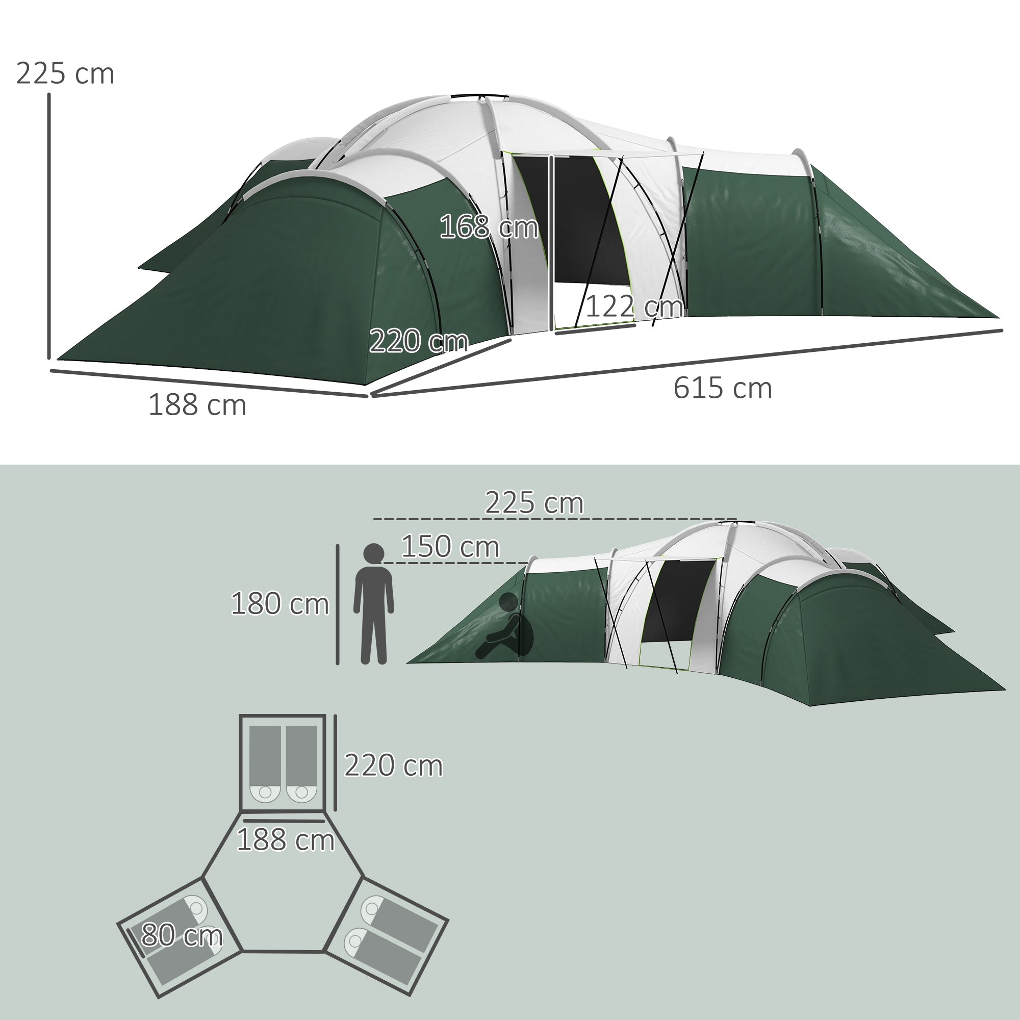 Outsunny 6-9 Man Tent with Bedrooms and Living Room, Accessories Included