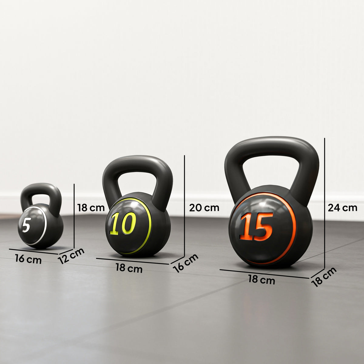 SPORTNOW Three-Piece Kettlebell Set, 5lbs, 10lbs, 15lbs with Storage Tray