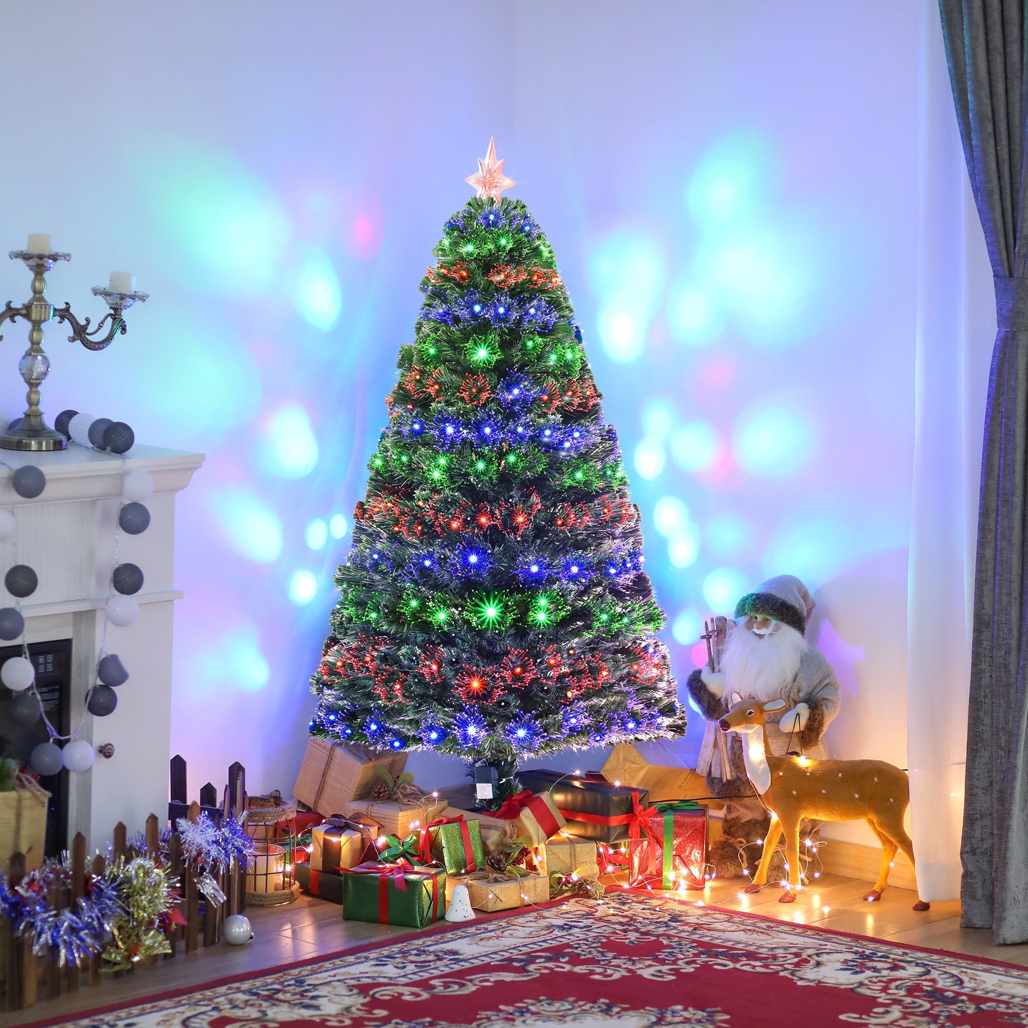 HOMCOM 5 Feet Prelit Artificial Christmas Tree with Multi-Coloured Fiber Optic LED Light, Holiday Home Xmas Decoration, Green - North Peak Garden Furniture