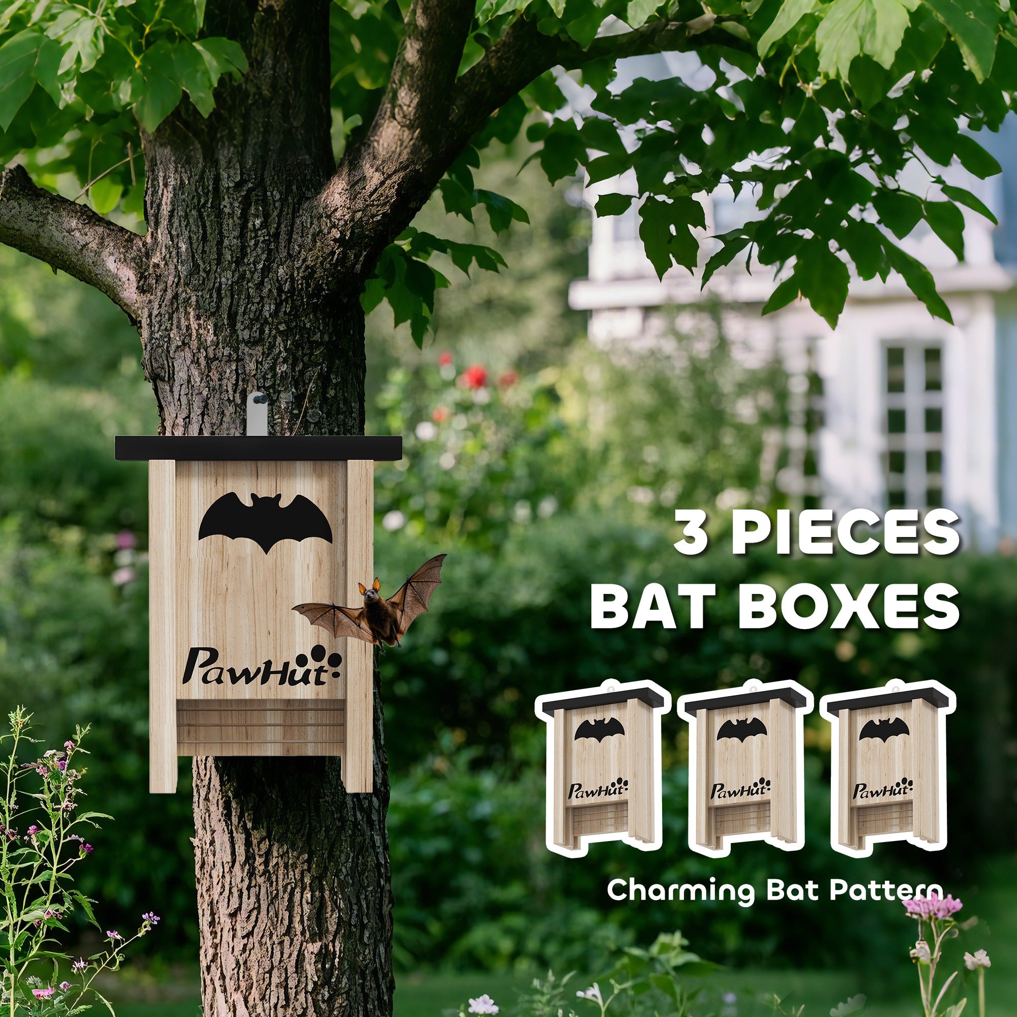 PawHut 3PCs Wooden Bat Boxes, Bat Houses Designed to Attract Bats & Easy to Hang for Outdoor, Garden, Farm, 18 x 6 x 22.5 cm