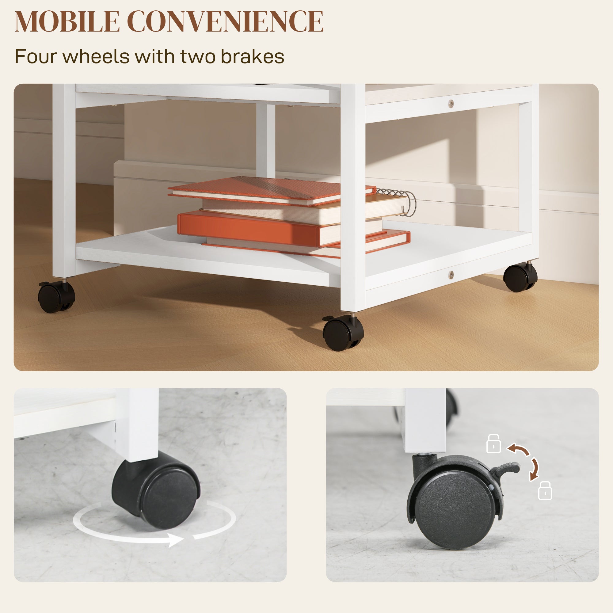 HOMCOM Three-Tier Steel Printer Stand, with Wheels - White - North Peak Garden Furniture