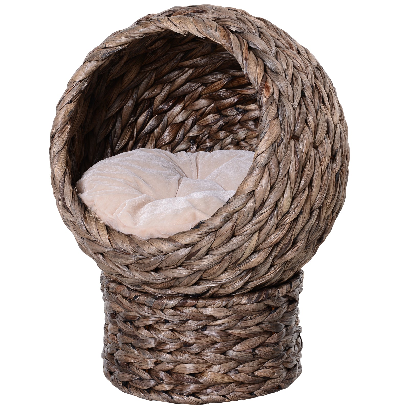 PawHut Wicker Cat Bed, Raised Rattan Cat Basket with Cylindrical Base, Soft Washable Cushion, 42 x 33 x 52cm - Brown - North Peak Garden Furniture
