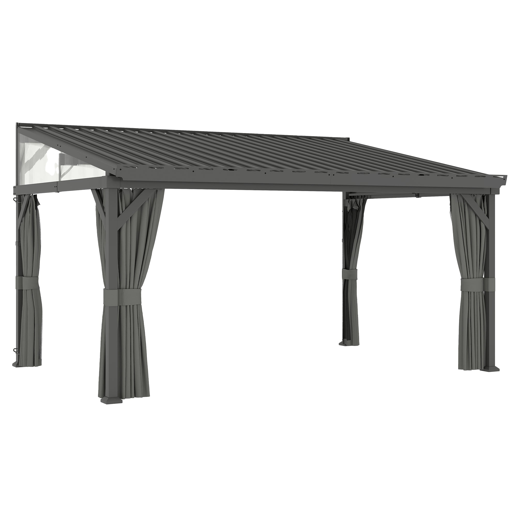 Outsunny 4.3 x 3 m Garden Pergola with Galvanised Steel Roof, Lean to Pergola Gazebo with Netting Curtains, Dark Grey