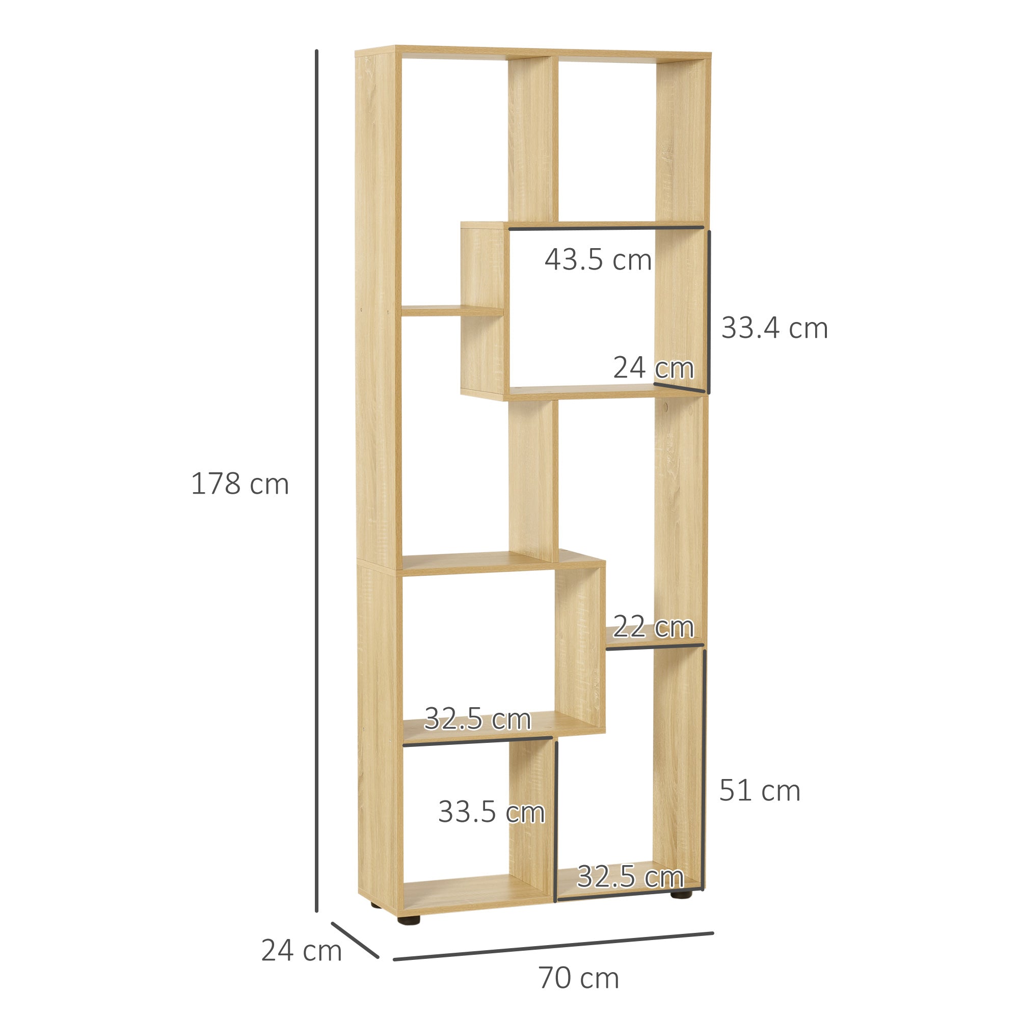 HOMCOM 8-Tier Freestanding Bookcase w/ Melamine Surface Anti-Tipping Foot Pads Home Display Storage Grid Stand Bedroom Living Room Furniture Modern Style - Natural