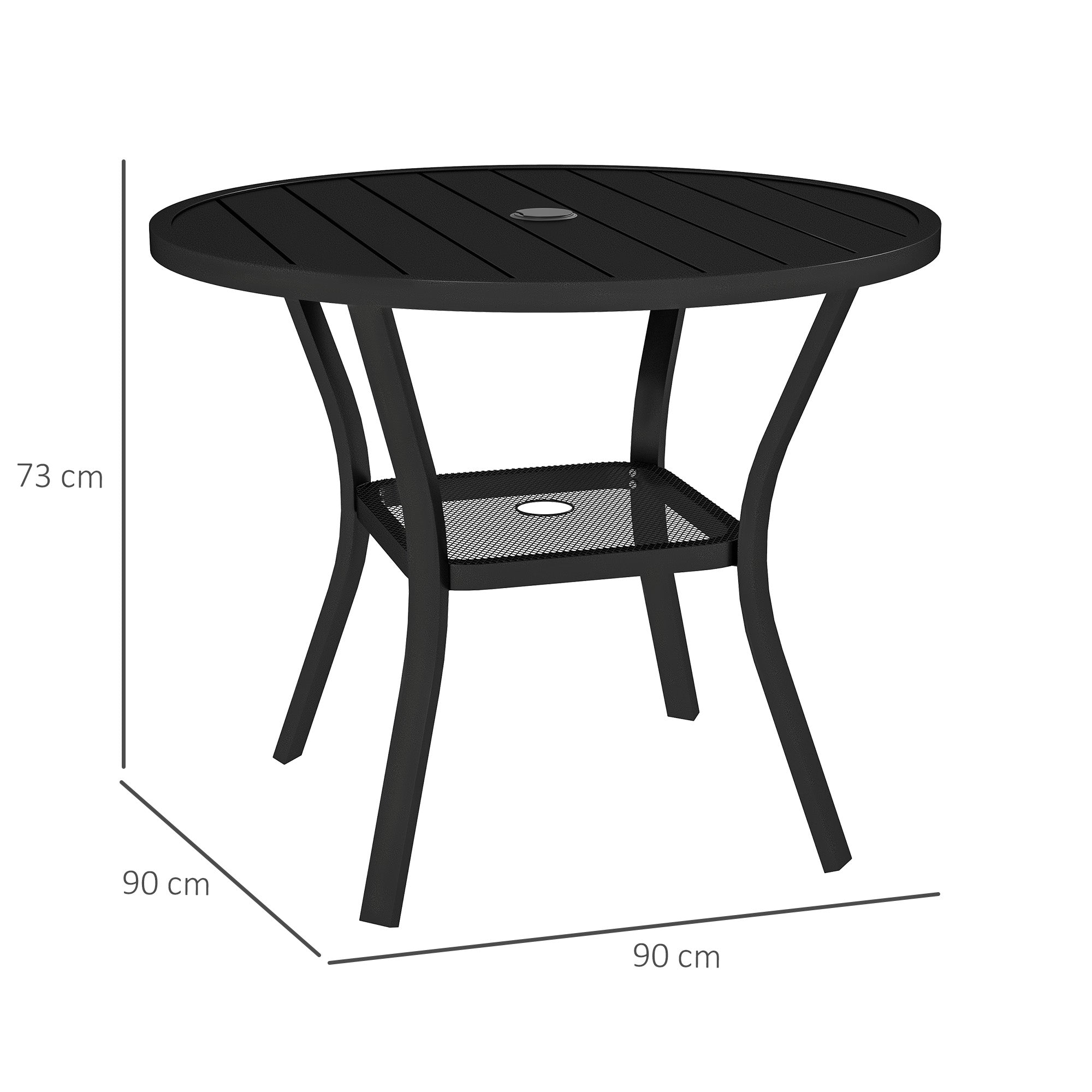 Outsunny 90 cm Garden Dining Table with 4-5 cm Parasol Hole, Round Outdoor Dining Table, Steel Garden Table with Slatted Metal Top and Wire Shelf for Balcony, Porch, Black - North Peak Garden Furniture