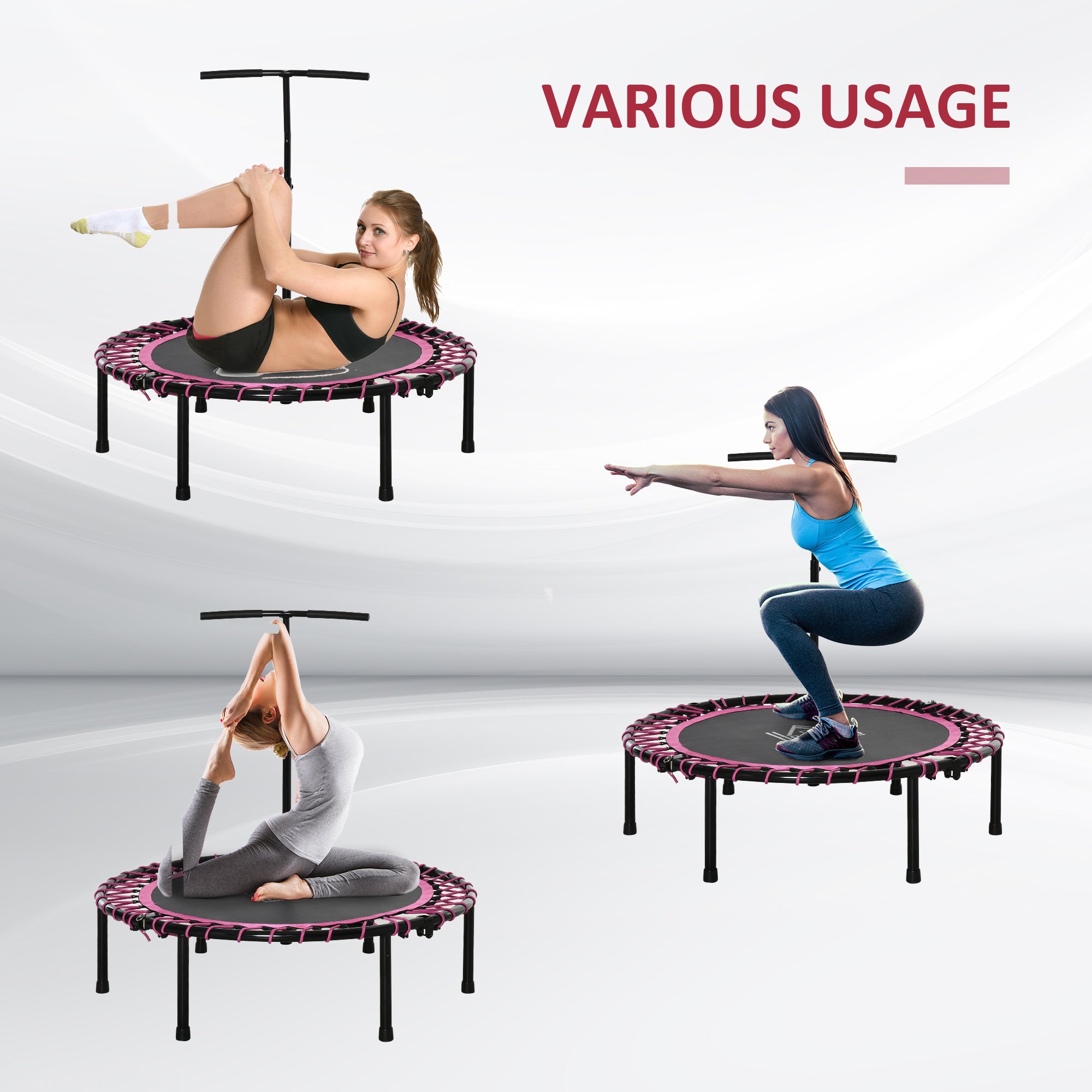 HOMCOM 45" Foldable Mini Trampoline Silent Rebounder Indoor Outdoor Jumper with Adjustable Handle - Pink