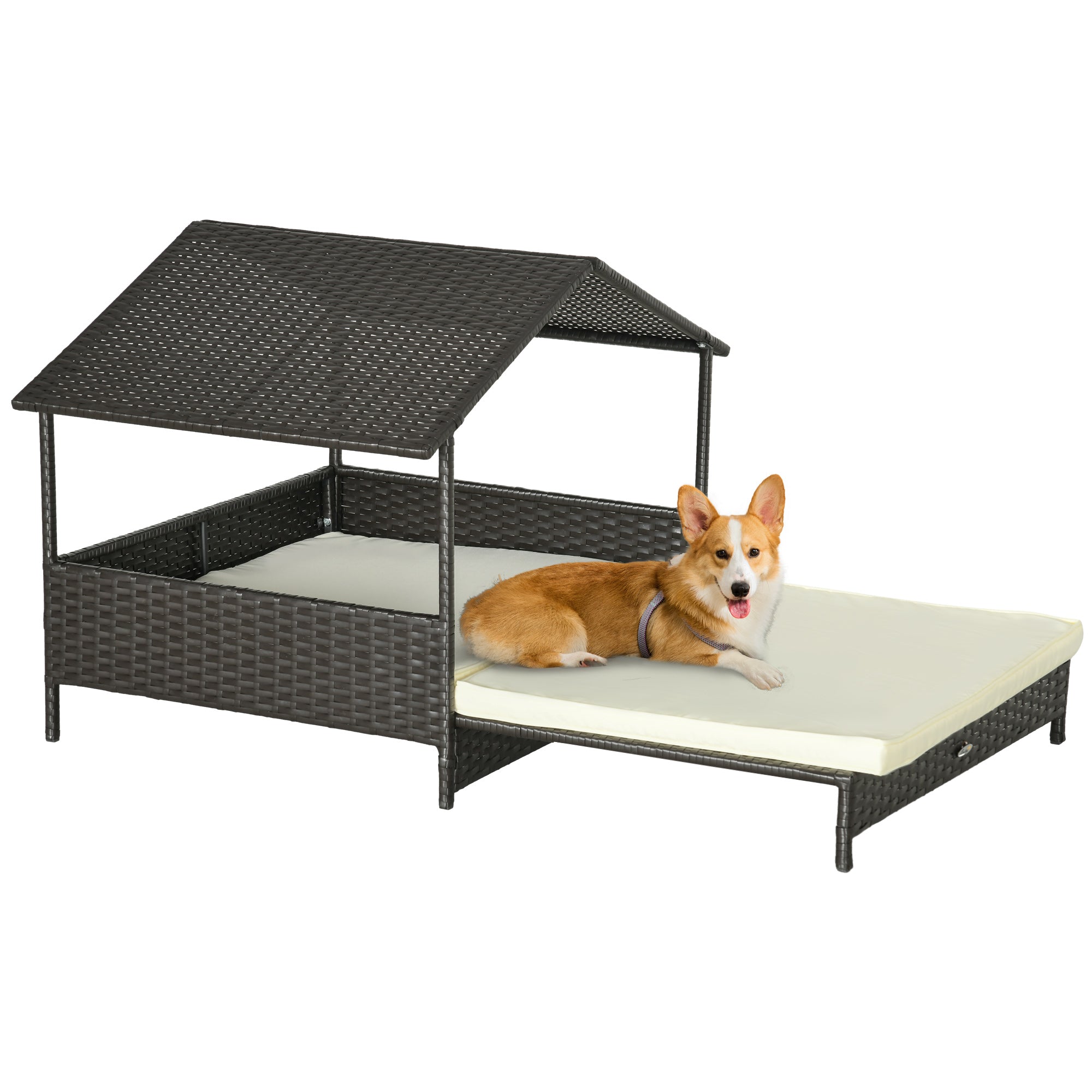 PawHut Extendable Elevated Dog Bed, Rattan Dog House, with Water-Resistant Roof, Removable Cushion, for Small, Medium Dogs - North Peak Garden Furniture