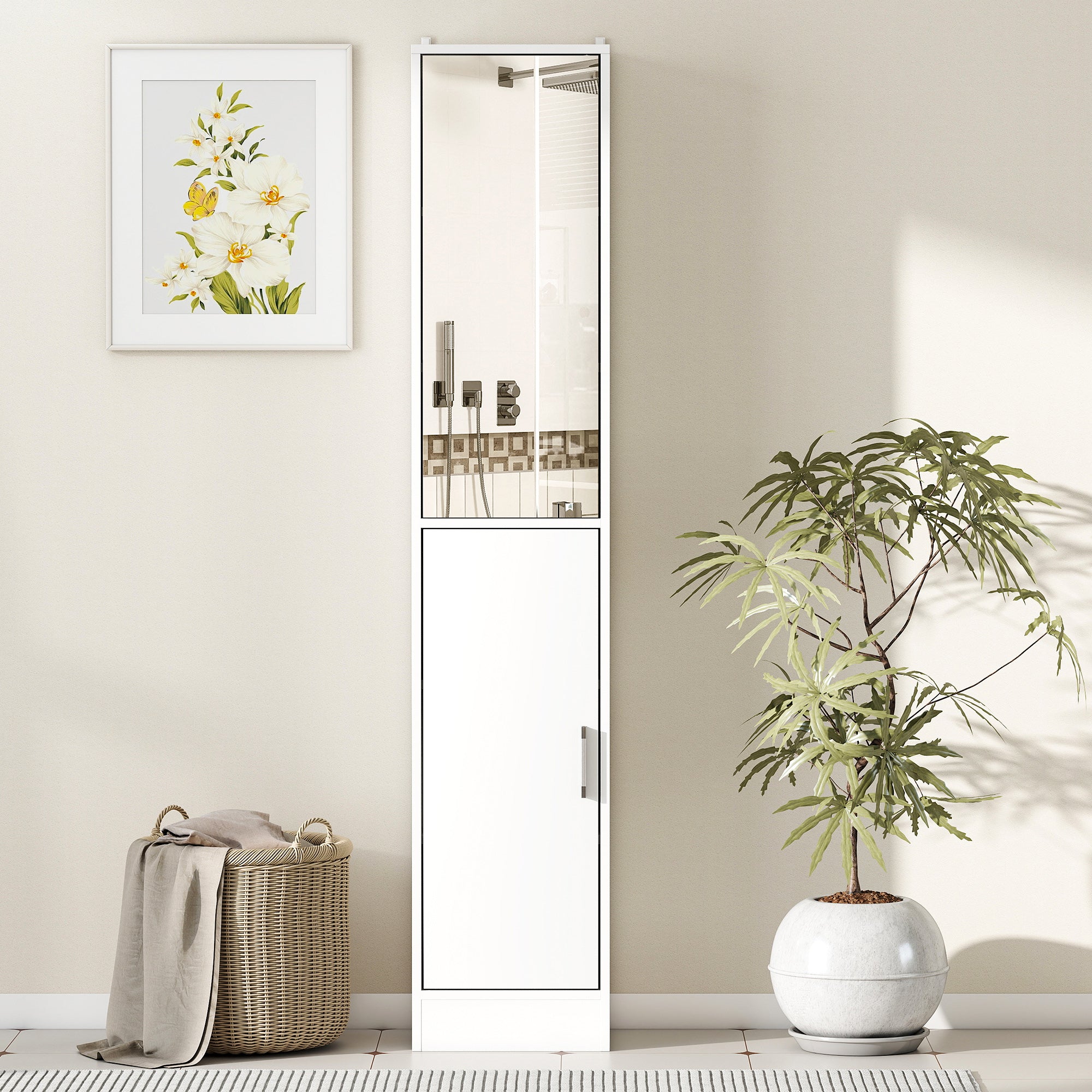 kleankin Tall Mirrored Bathroom Cabinet, Bathroom Storage Cupboard, Floor Standing Tallboy Unit with Adjustable Shelf, White