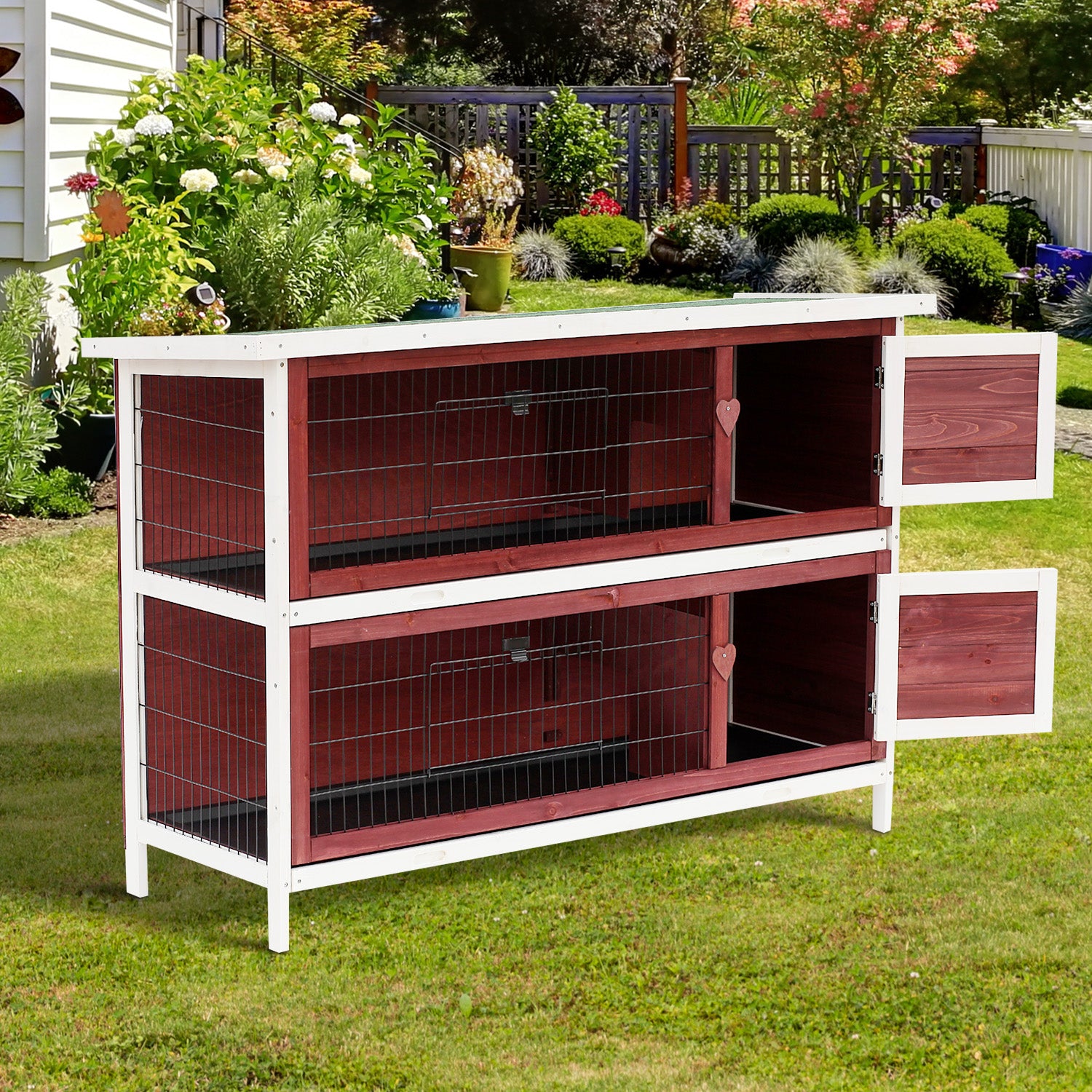 PawHut Rabbit Hutch Outdoor 2-Tier Guinea Pig Cage Bunny House Cage with No-Leak Trays for Indoor and Outdoor 136 x 50 x 93cm - North Peak Garden Furniture