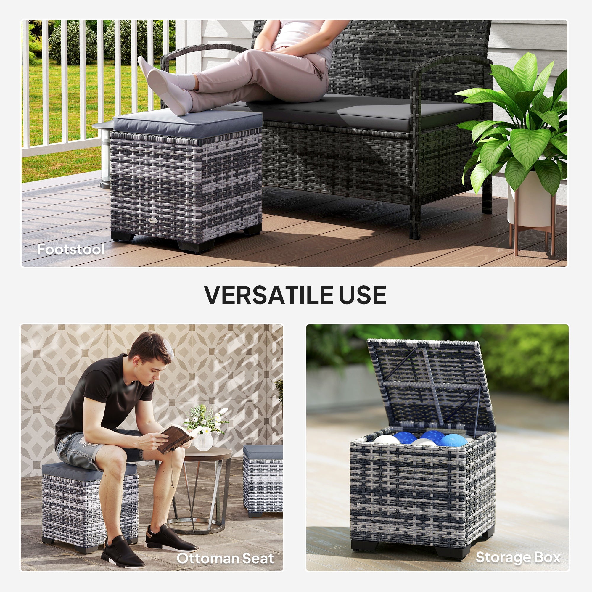 Outsunny Set of 2 Rattan Storage Ottoman, Outdoor Footstool with Removable Cushions, Garden Storage Seat for Balcony, Poolside, Living Room, Dark Grey - North Peak Garden Furniture