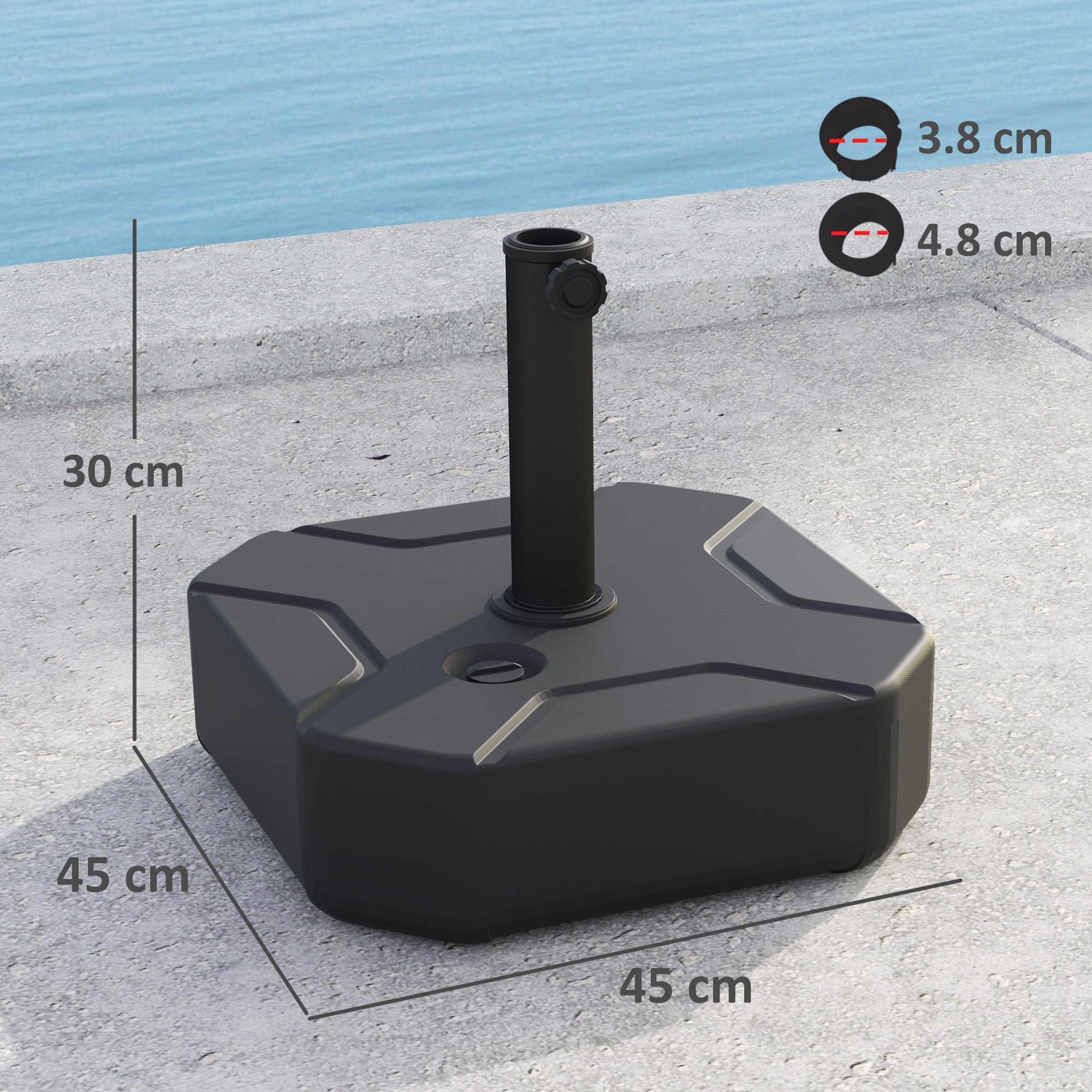 Outsunny Square Garden Parasol Base, Garden Umbrella Stand Heavy Duty Parasol Base, Filled Up to 25kg with Stand or 20kg with Water for for 38, 48 mm Poles, Black