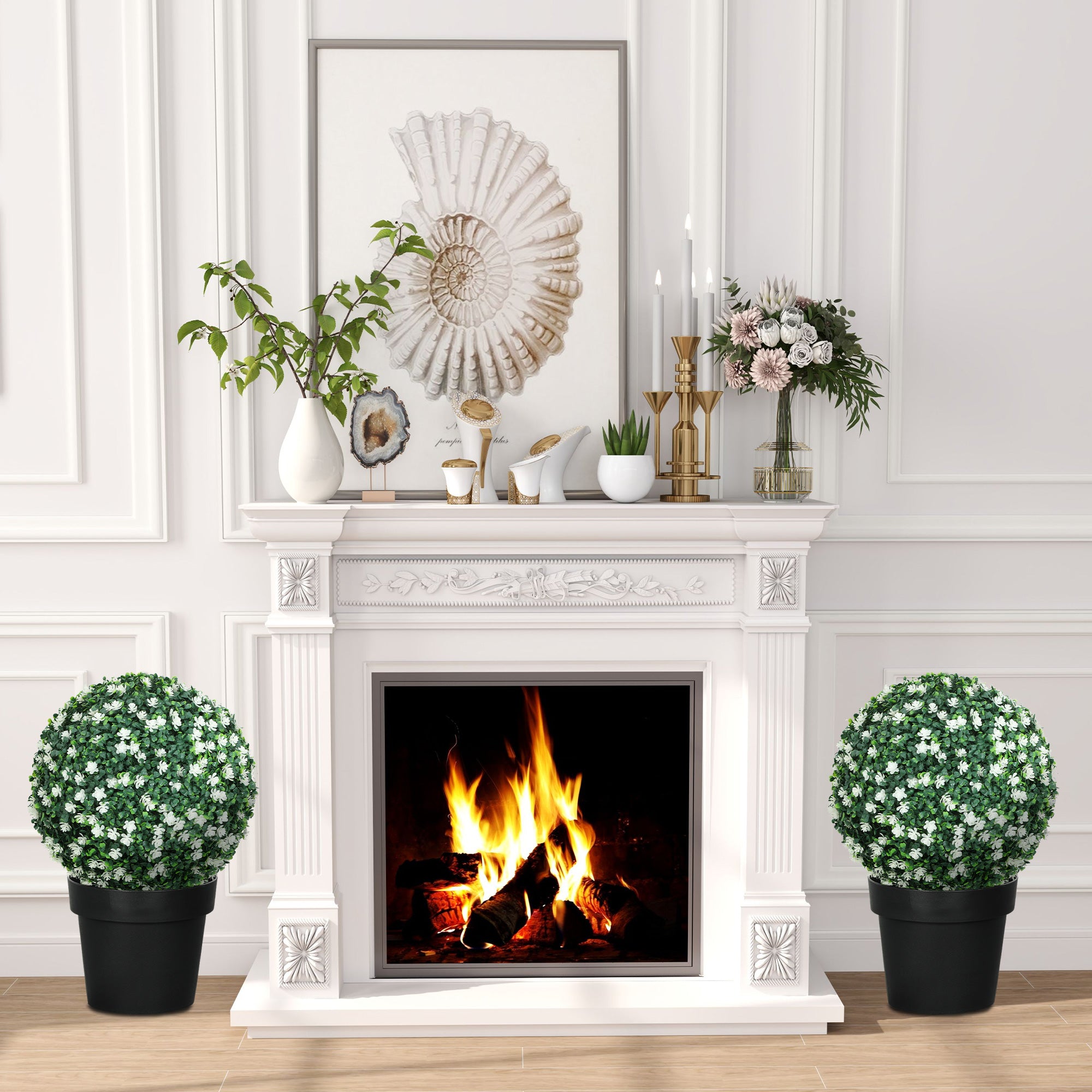 HOMCOM Set of Two Artificial Boxwood Balls Plants - White