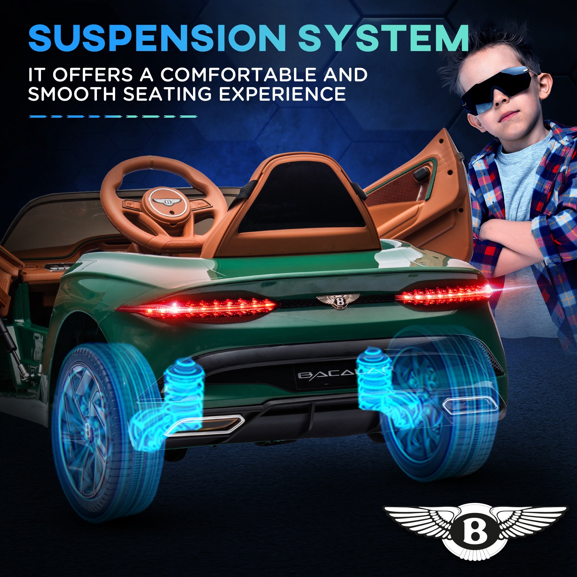 HOMCOM Bentley Bacalar Licensed 12V Kids Electric Car, with Remote Control, Horn, Lights, Music, Suspension Wheels, Green - North Peak Garden Furniture