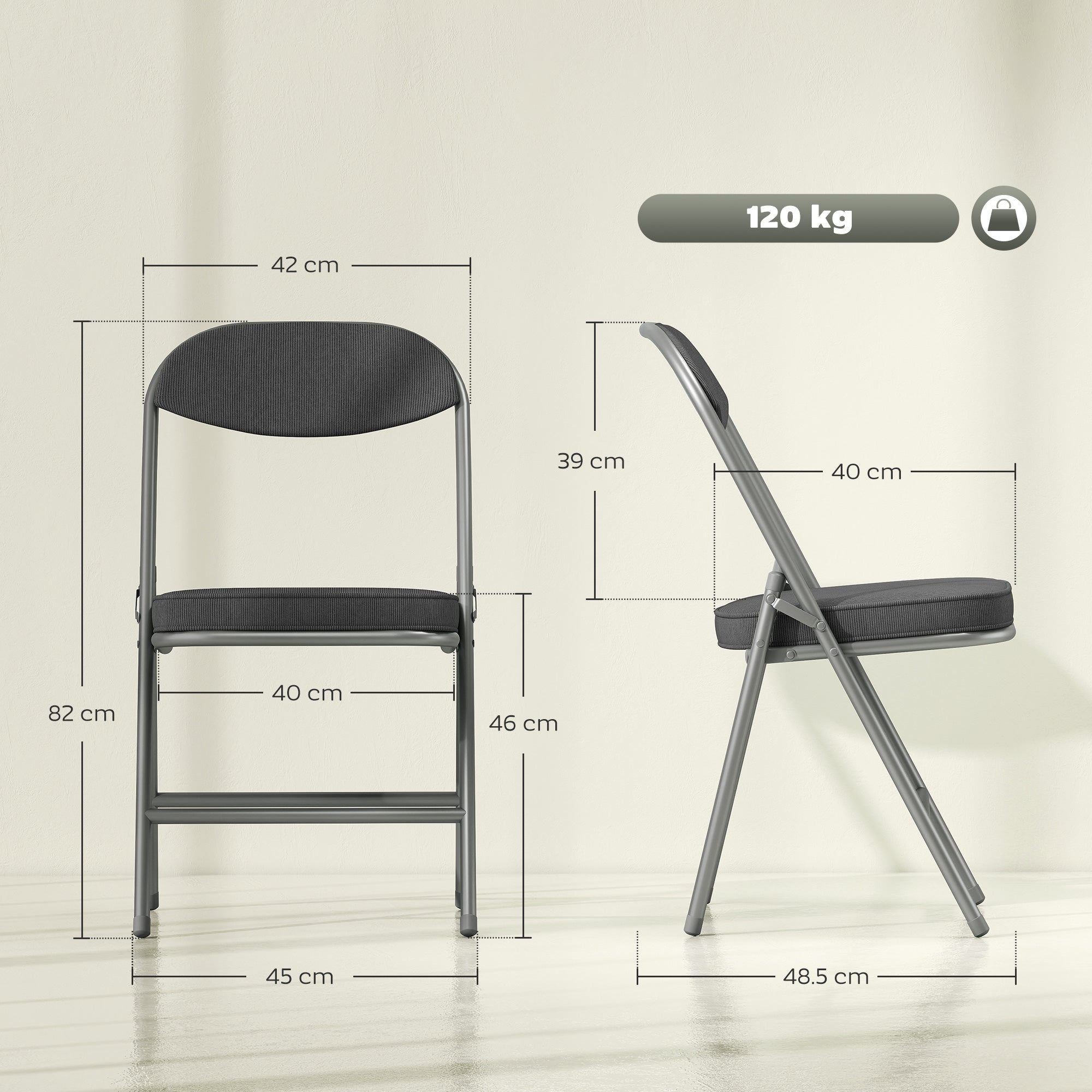 HOMCOM Set of Four Folding Corduroy Seat Chairs - Dark Grey
