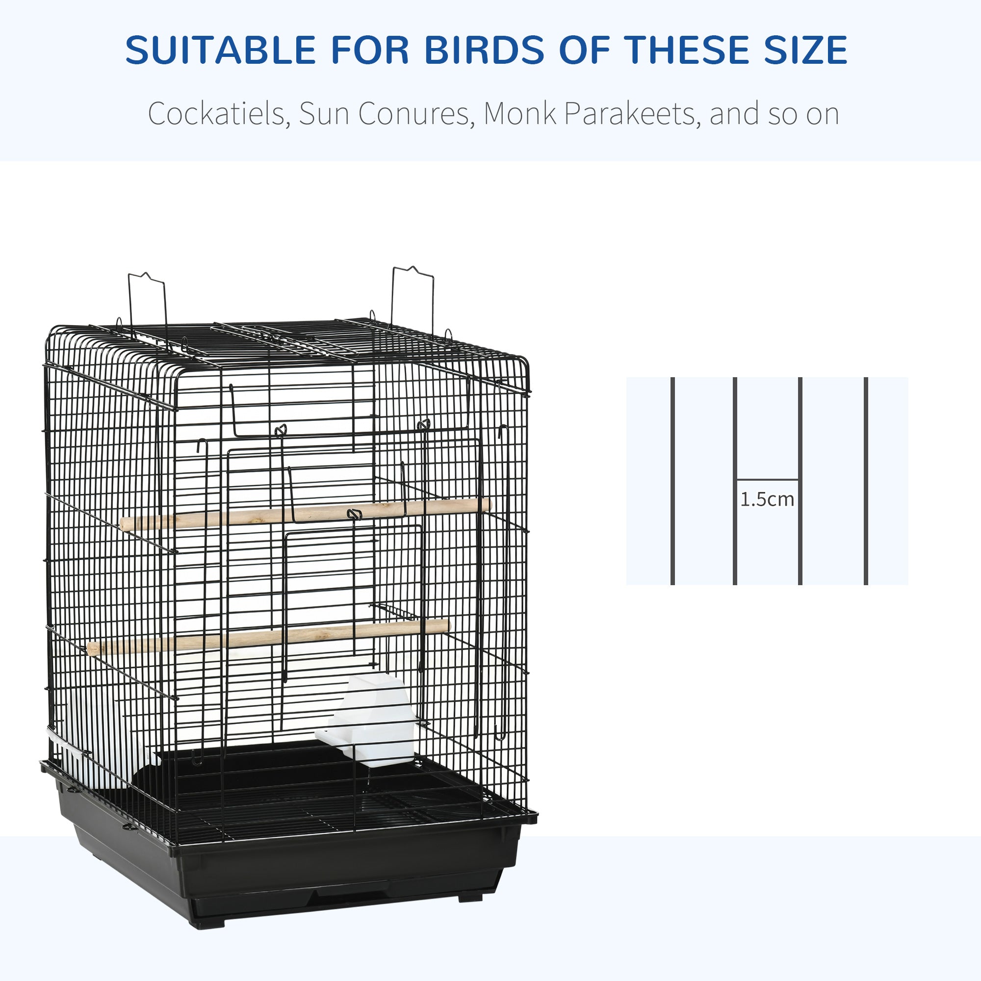 PawHut Steel Bird Cage with Openable Top, Stand, Tray, Handles, Feeding Bowls for Parakeet, Finch - Black