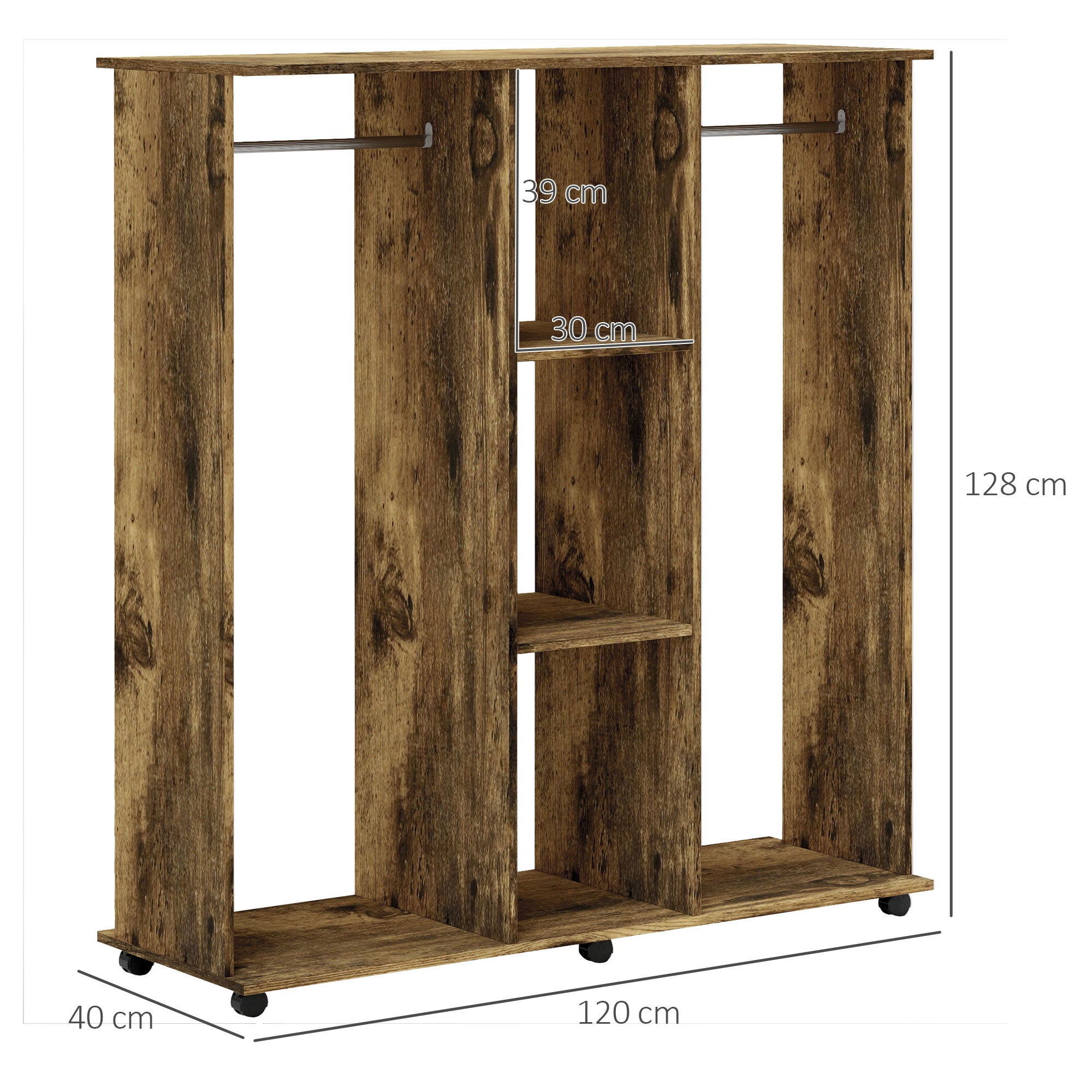 HOMCOM Open Wardrobe Double Mobile Storage Shelves Organizer W/6 Wheels-Rustic Brown - North Peak Garden Furniture
