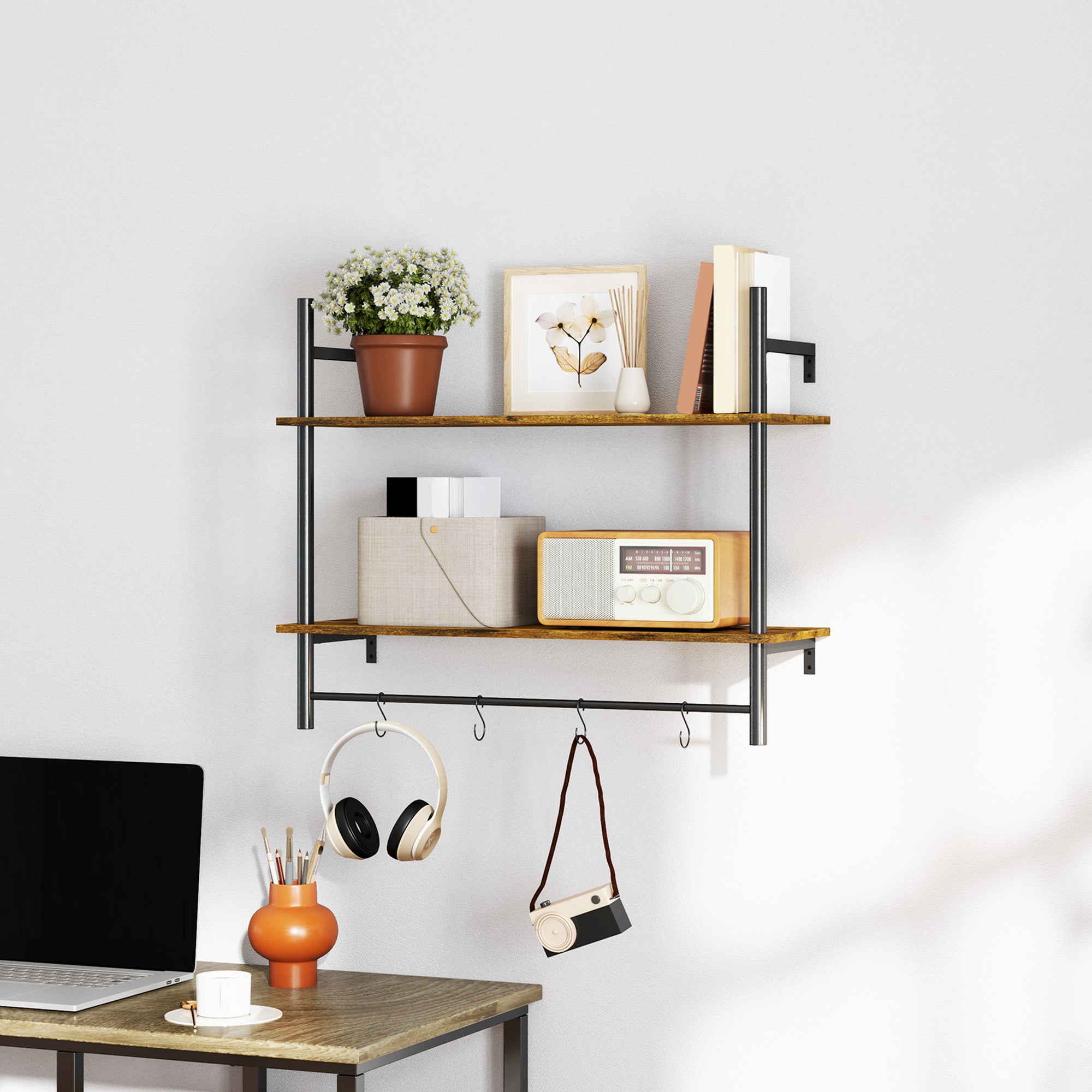 HOMCOM Wall Mounted Floating Shelves with 4 Hooks, Rustic Wall Shelf Unit for Living Room, Entryway, Rustic Brown - North Peak Garden Furniture