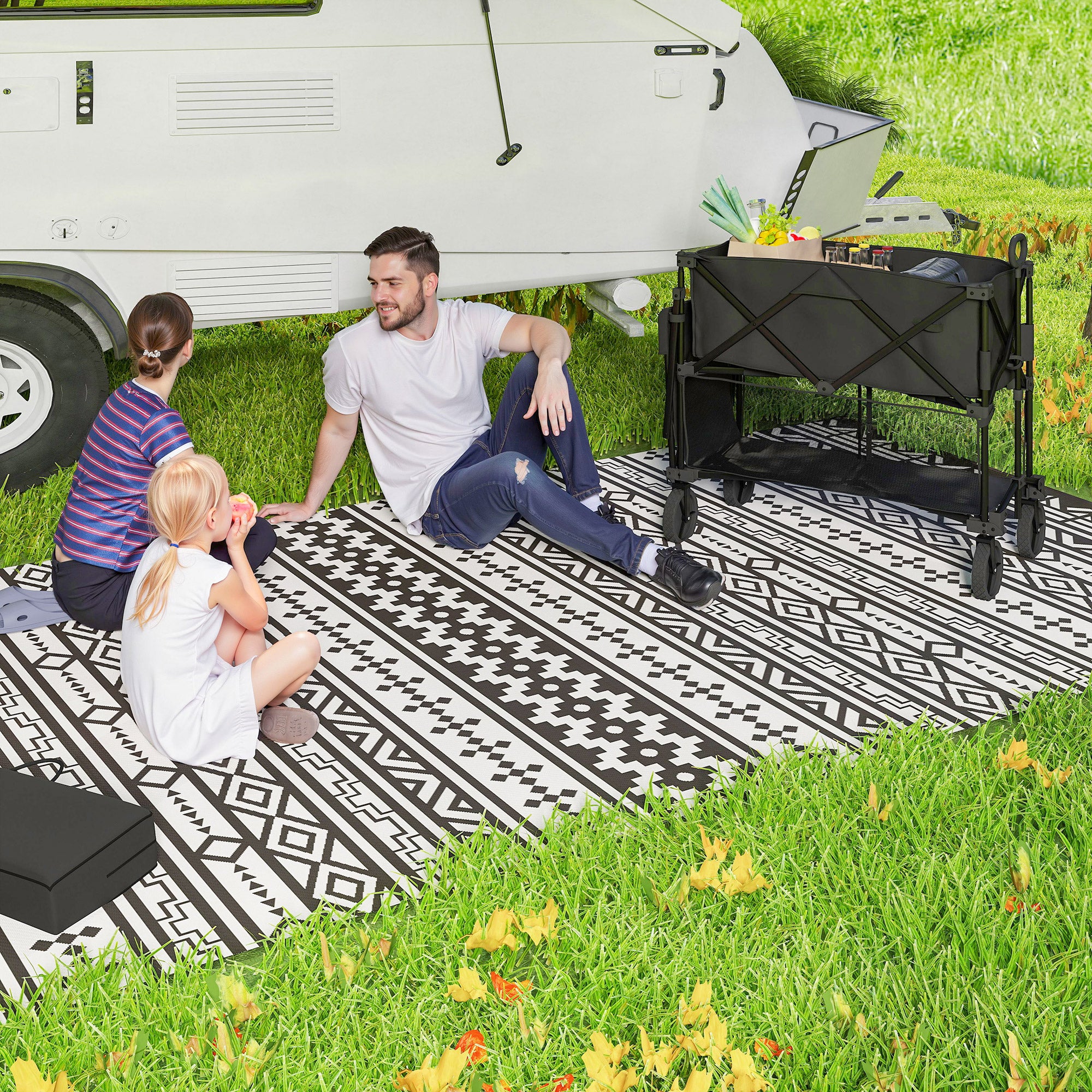 Outsunny Double Decker Folding Trolley on Wheels, 200KG & 350L Capacity Collapsible Wagon Festival Trolley Cart with 134cm Extended for Camping Sports Shopping Garden and Beach, Black - North Peak Garden Furniture