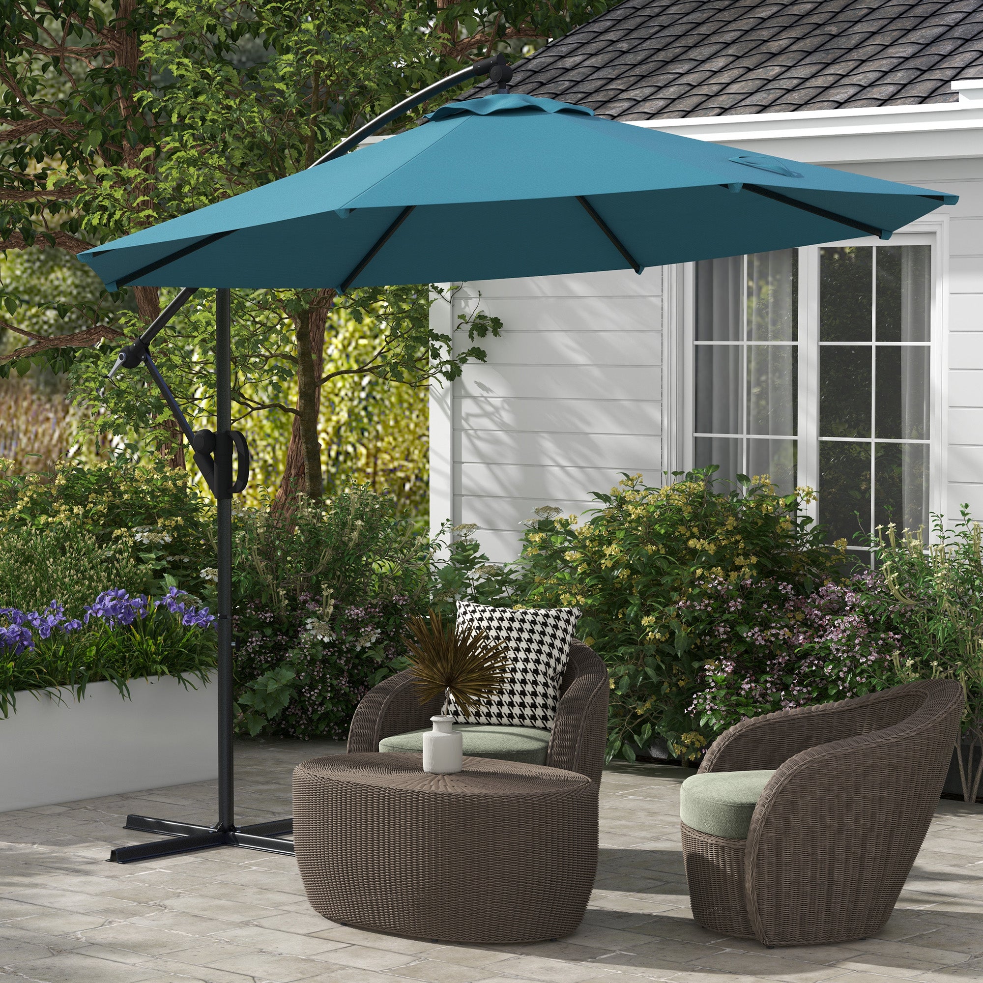 Outsunny 3m Offset Cantilever Parasol Umbrella, with Cross Base - Blue - North Peak Garden Furniture