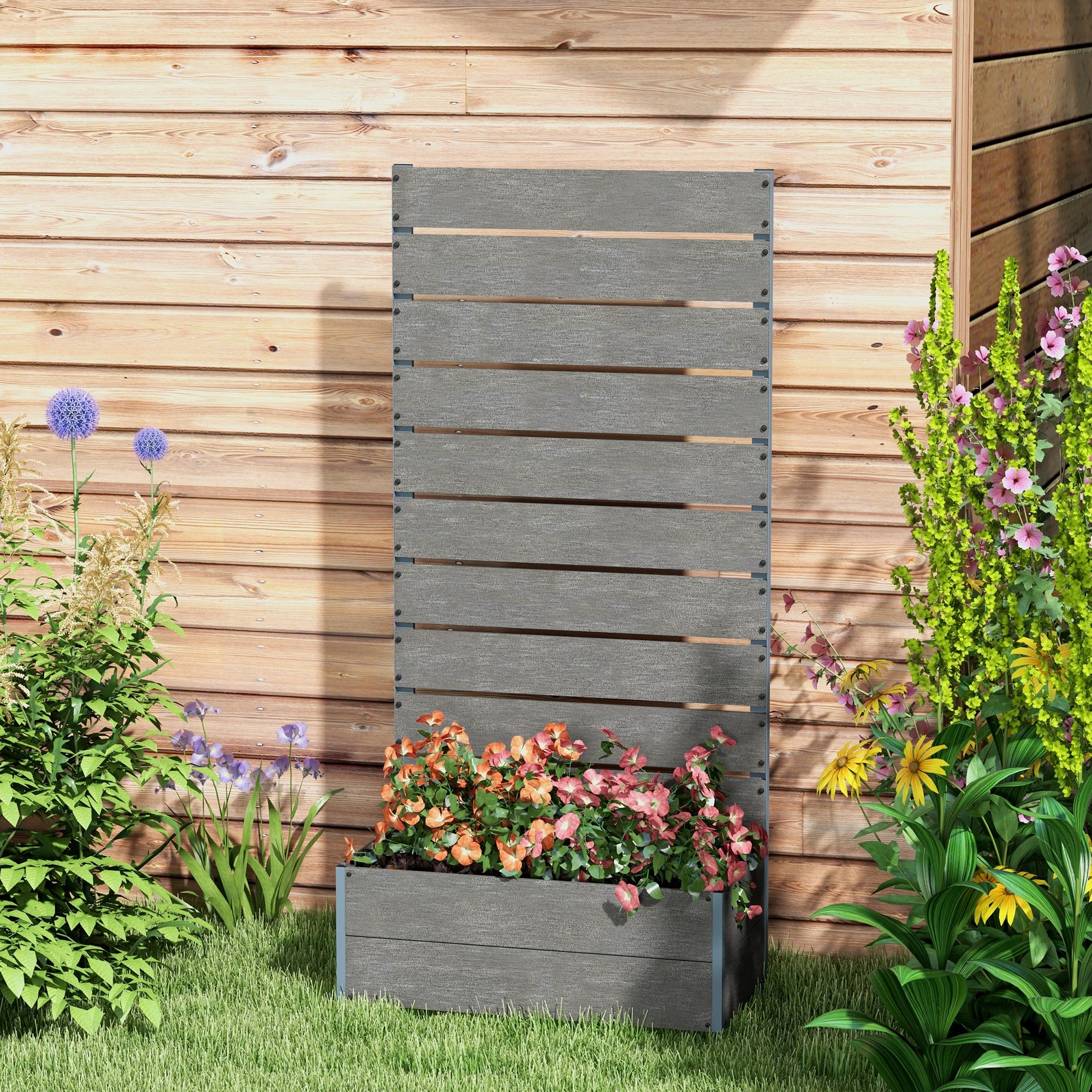 Outsunny 34 x 69.5cm Garden Planter Box, with Back Trellis - Grey - North Peak Garden Furniture