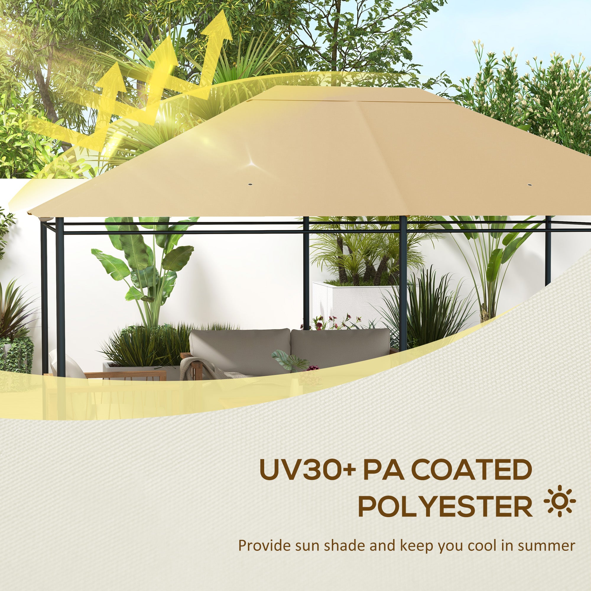 Outsunny 3 x 4m Gazebo Canopy Replacement Cover, Gazebo Roof Replacement (TOP COVER ONLY), Khaki - North Peak Garden Furniture