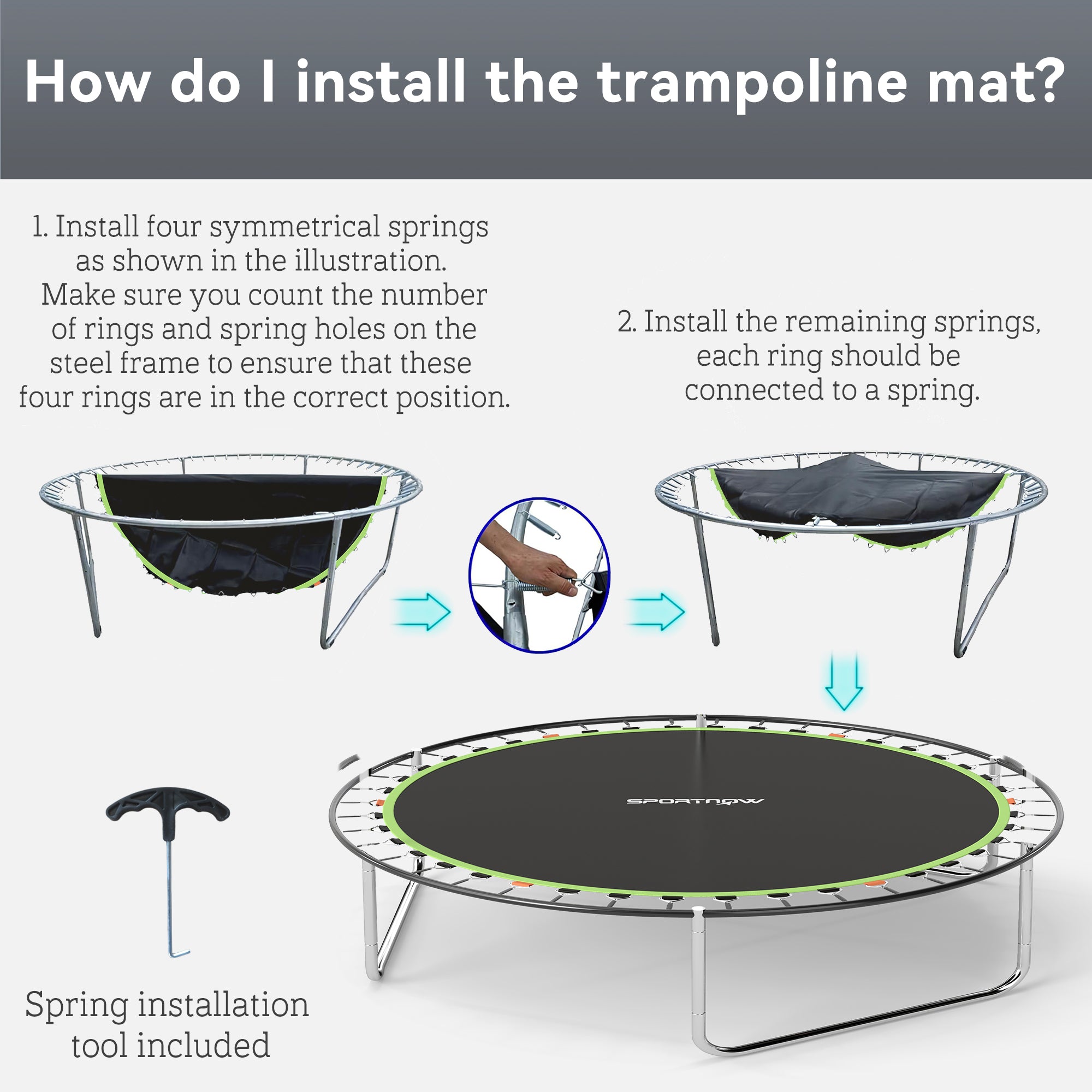 SPORTNOW Trampoline Replacement Mat with Spring Pull Tool, 54 V-Hooks, for 10ft Trampoline using 14cm Springs, Green - North Peak Garden Furniture
