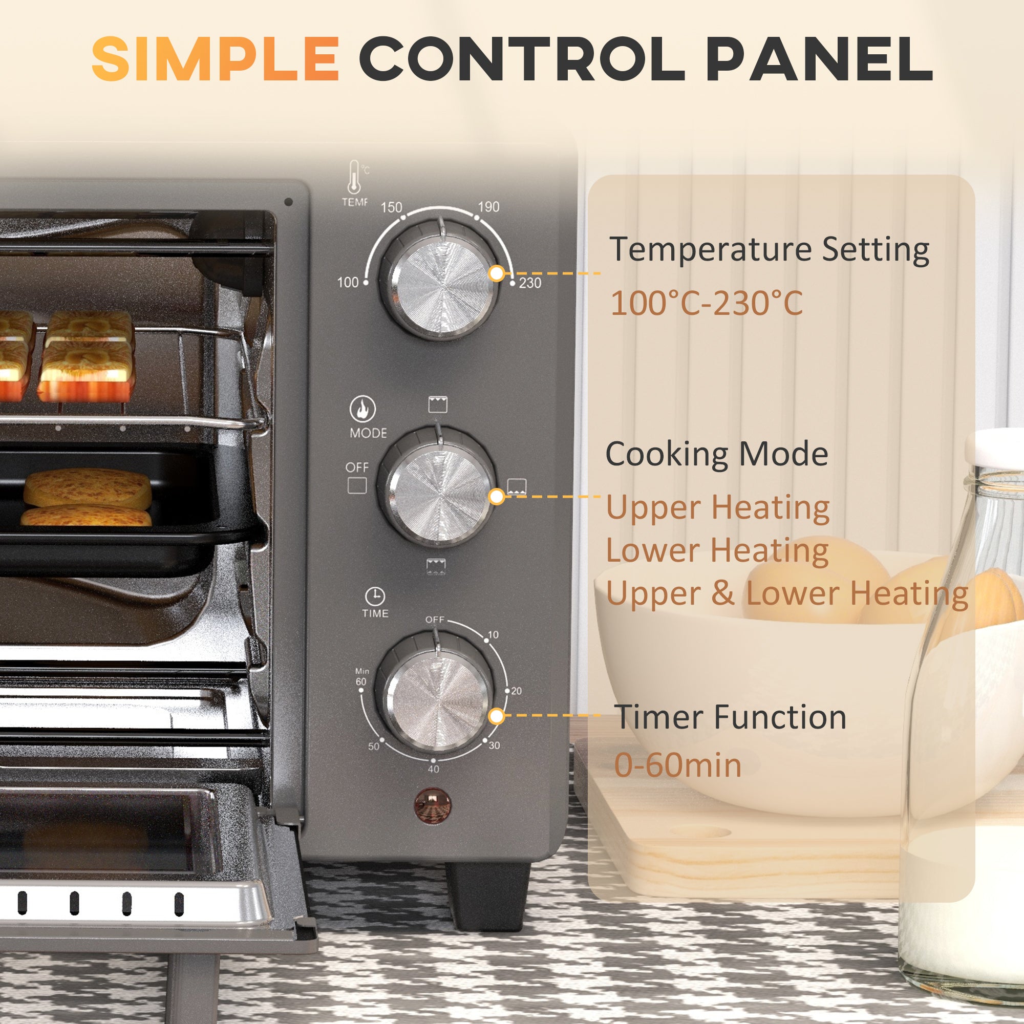 HOMCOM Mini Oven, 21L Countertop Electric Grill, Toaster Oven with Adjustable Temperature, Timer, Baking Tray and Wire Rack, 1400W, Grey - North Peak Garden Furniture