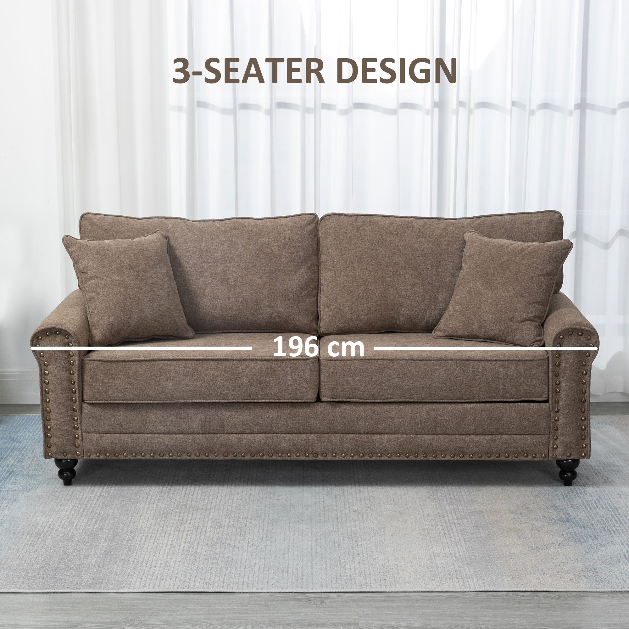 HOMCOM 3 Seater Sofas for Living Room, Fabric Sofa with Nailhead Trim, Cushions and Pillows, Brown - North Peak Garden Furniture