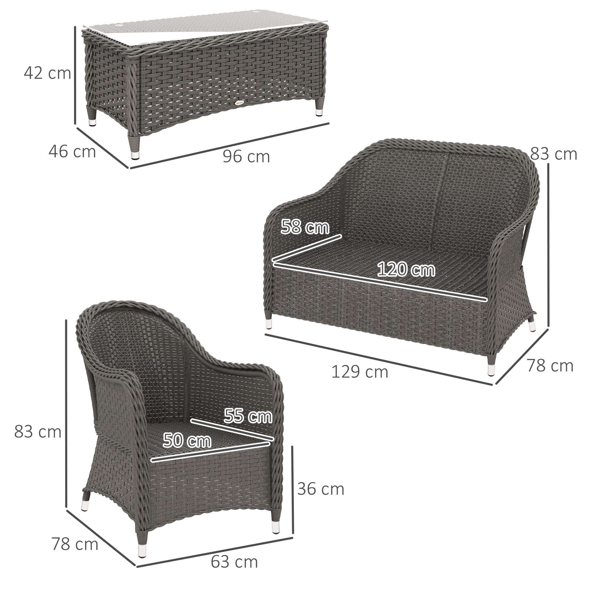 Outsunny Four-Piece Rattan Sofa Set, with Glass-Top Table - Light Grey - North Peak Garden Furniture