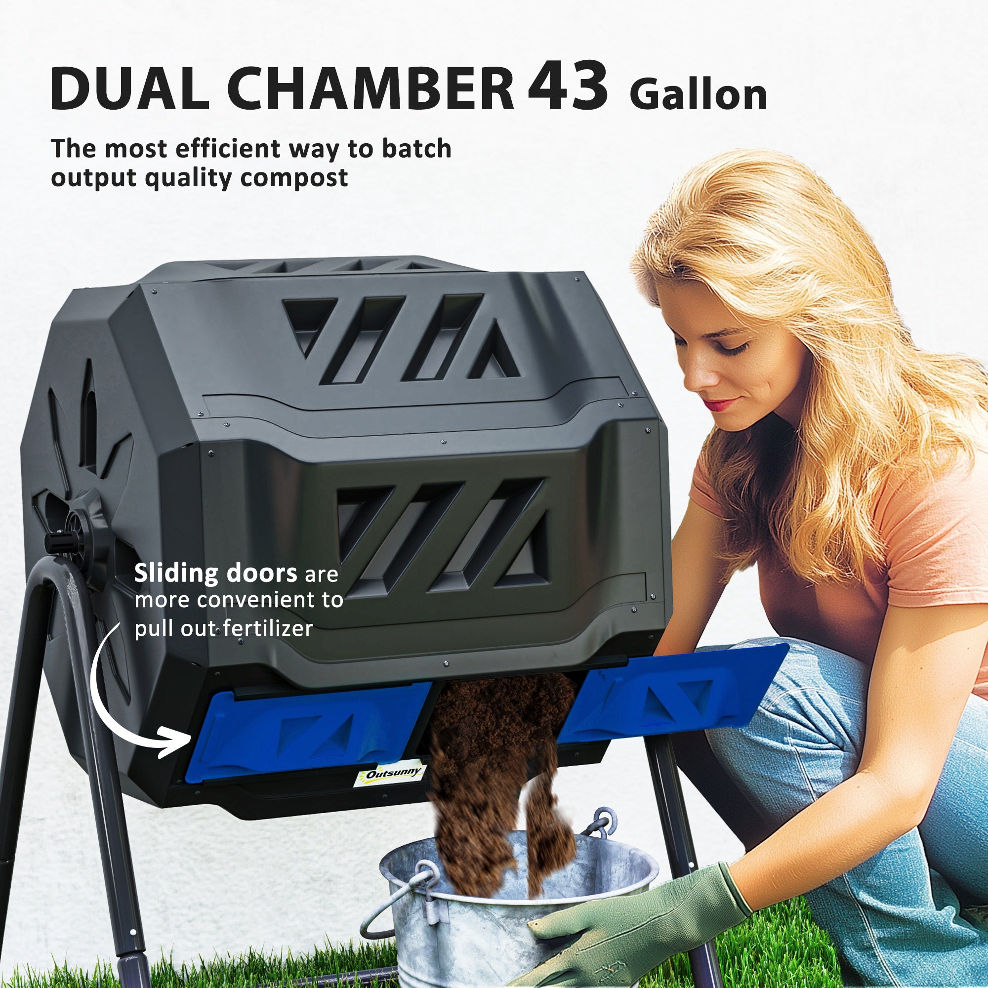 Outsunny 160L Tumbling Compost Bin Outdoor Dual Chamber 360° Rotating Composter, Garden Compost Bin w/ Sliding Doors & Solid Steel Frame, Blue