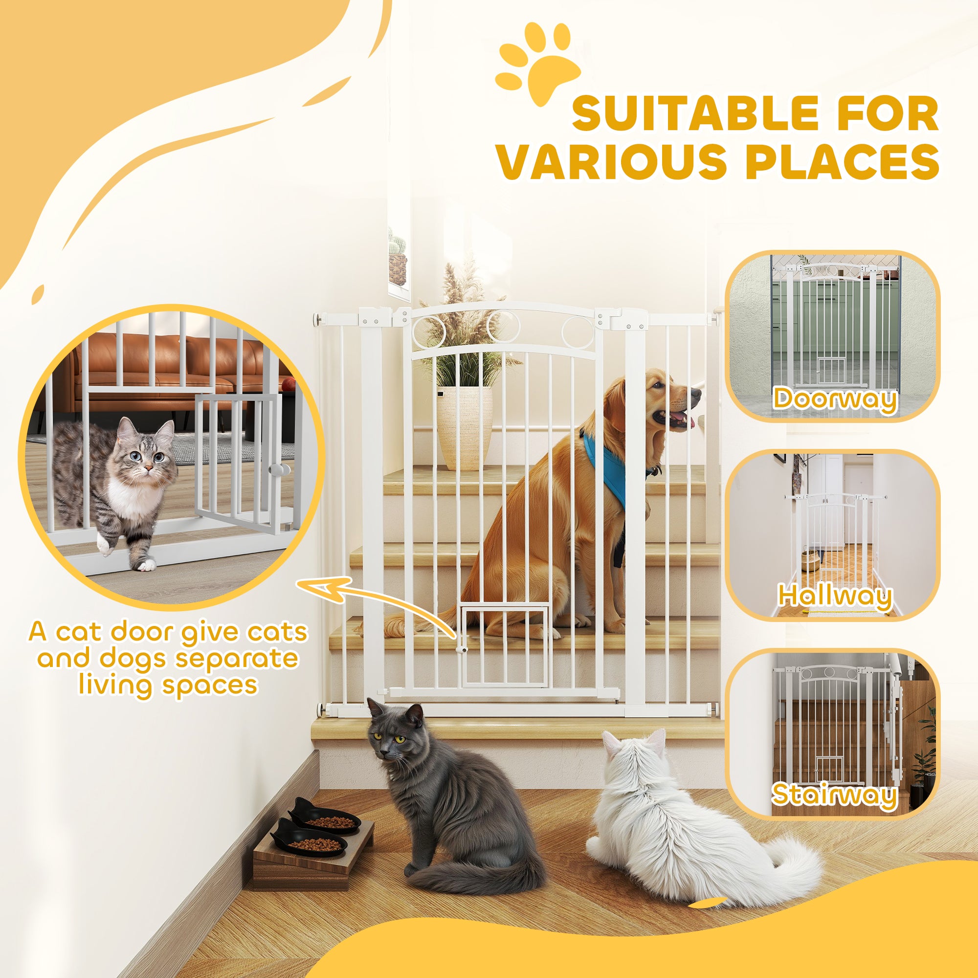 PawHut 106cm Tall Dog Gate with Cat Door, 7cm and 14cm Extensions, for Stairs, Doorways, 76-104cm Width - North Peak Garden Furniture