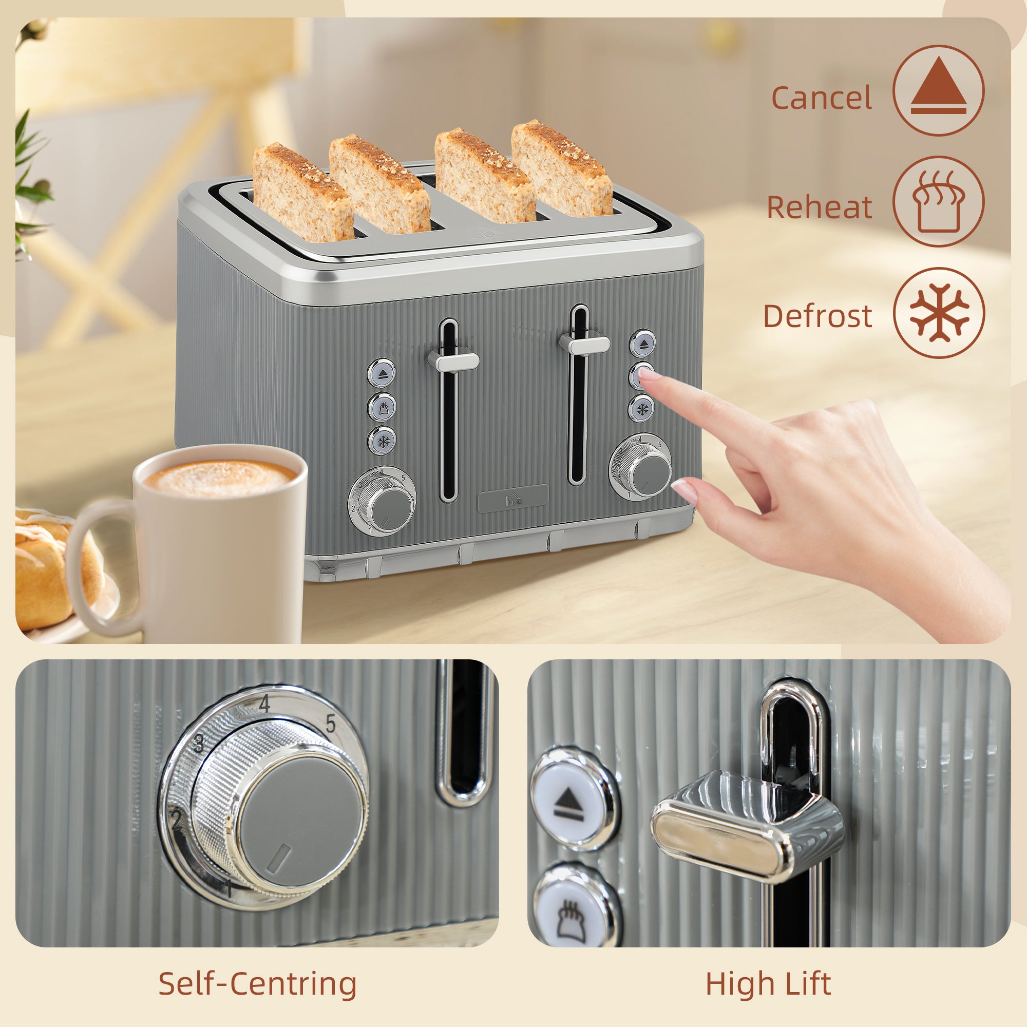 HOMCOM Electric Kettle and Toaster Set, 3000W 1.7L UK Strix Thermostat Rapid Boil Jug Kettle with Limescale Filter, Cool Touch Body, 4 Slice Toaster with 7 Browning Controls, Crumb Tray, Tan