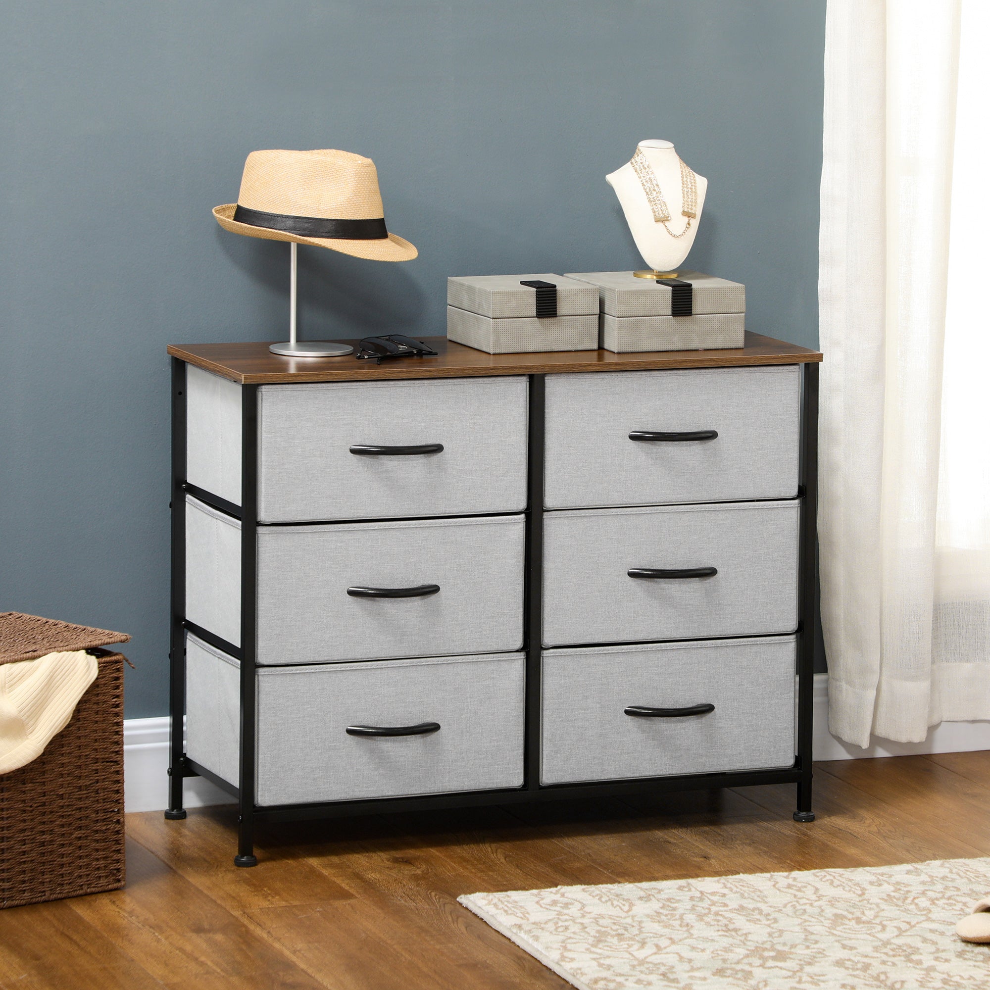 HOMCOM Fabric Chest of Drawers, Storage Drawers, Industrial Bedroom Dresser with 6 Fabric Drawers, Steel Frame and Wooden Top for Nursery, Living Room, Hallway, Grey - North Peak Garden Furniture