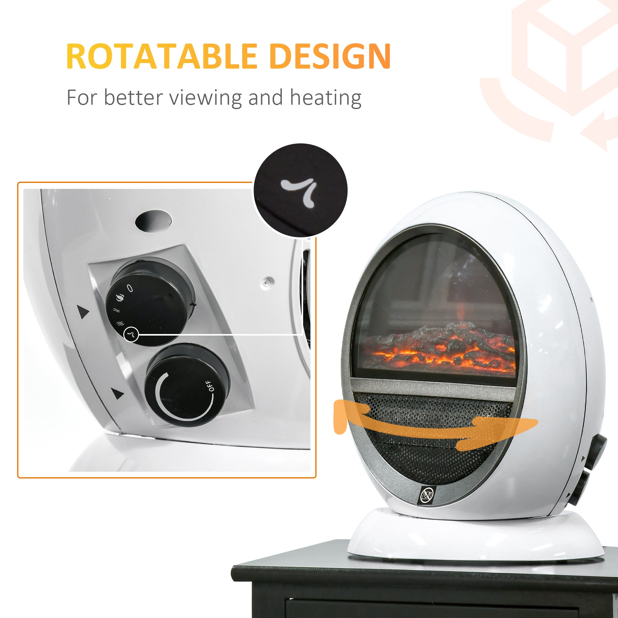HOMCOM Freestanding Electric Fireplace Indoor Space Table Top Heater with Realistic Flame Effect, Rotatable Head, Overheating Protection, 1500W, White - North Peak Garden Furniture