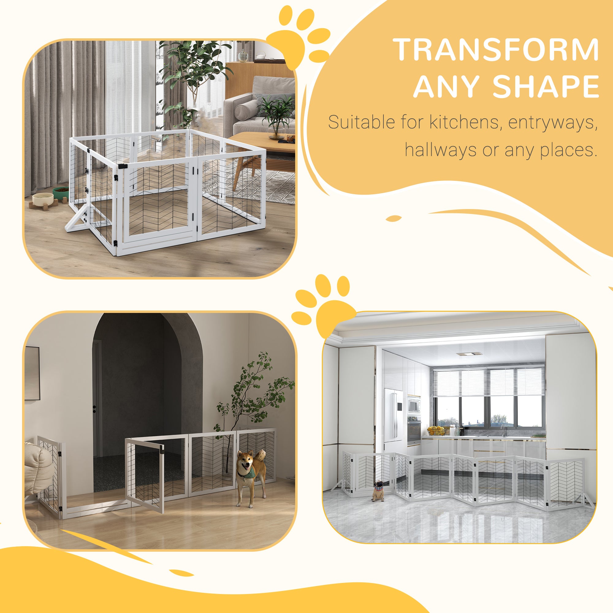PawHut 8 Panels Foldable Pet Gate with Support Feet, for House, Doorway, Stairs, Small and Medium Dogs - White - North Peak Garden Furniture