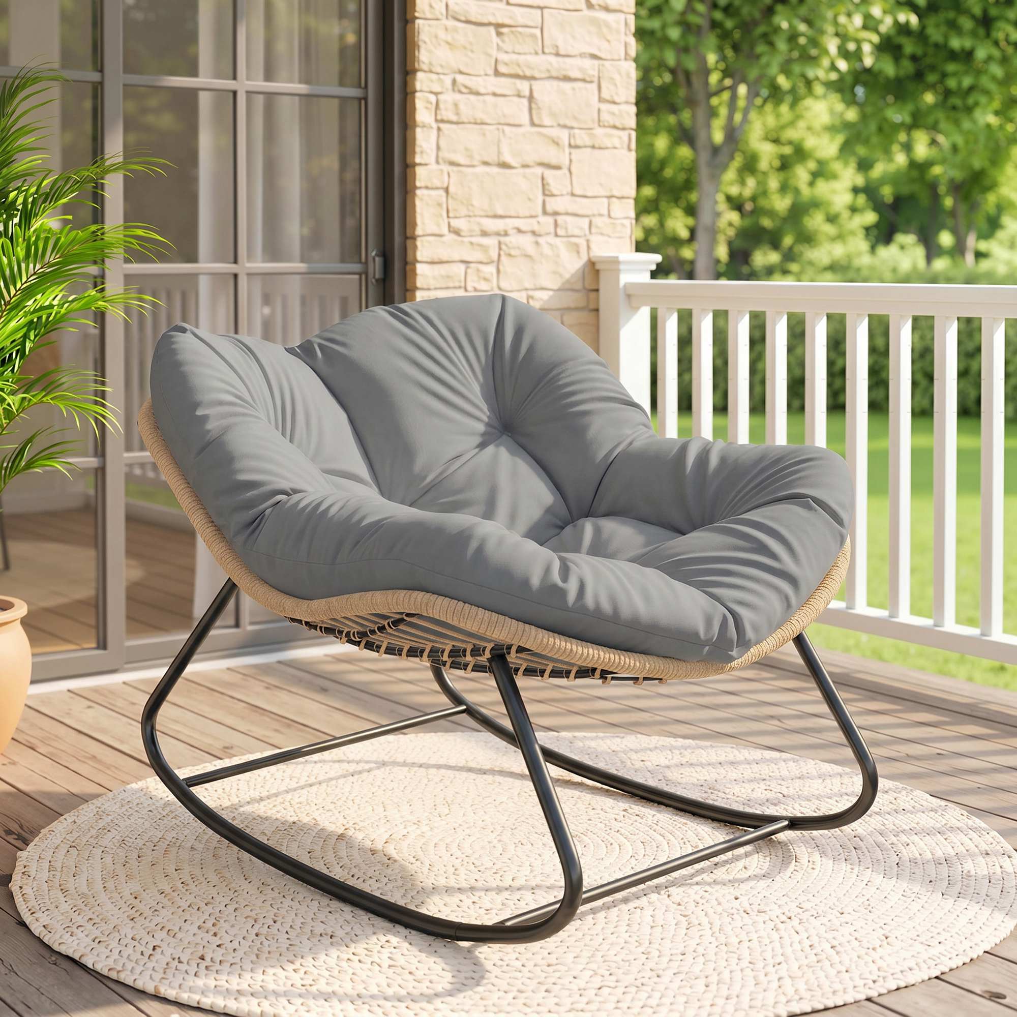 Outsunny Indoor Outdoor Rocking Chair, Oversized Rocking Egg Chair with Cushion for Living Room, Garden, Patio, Grey