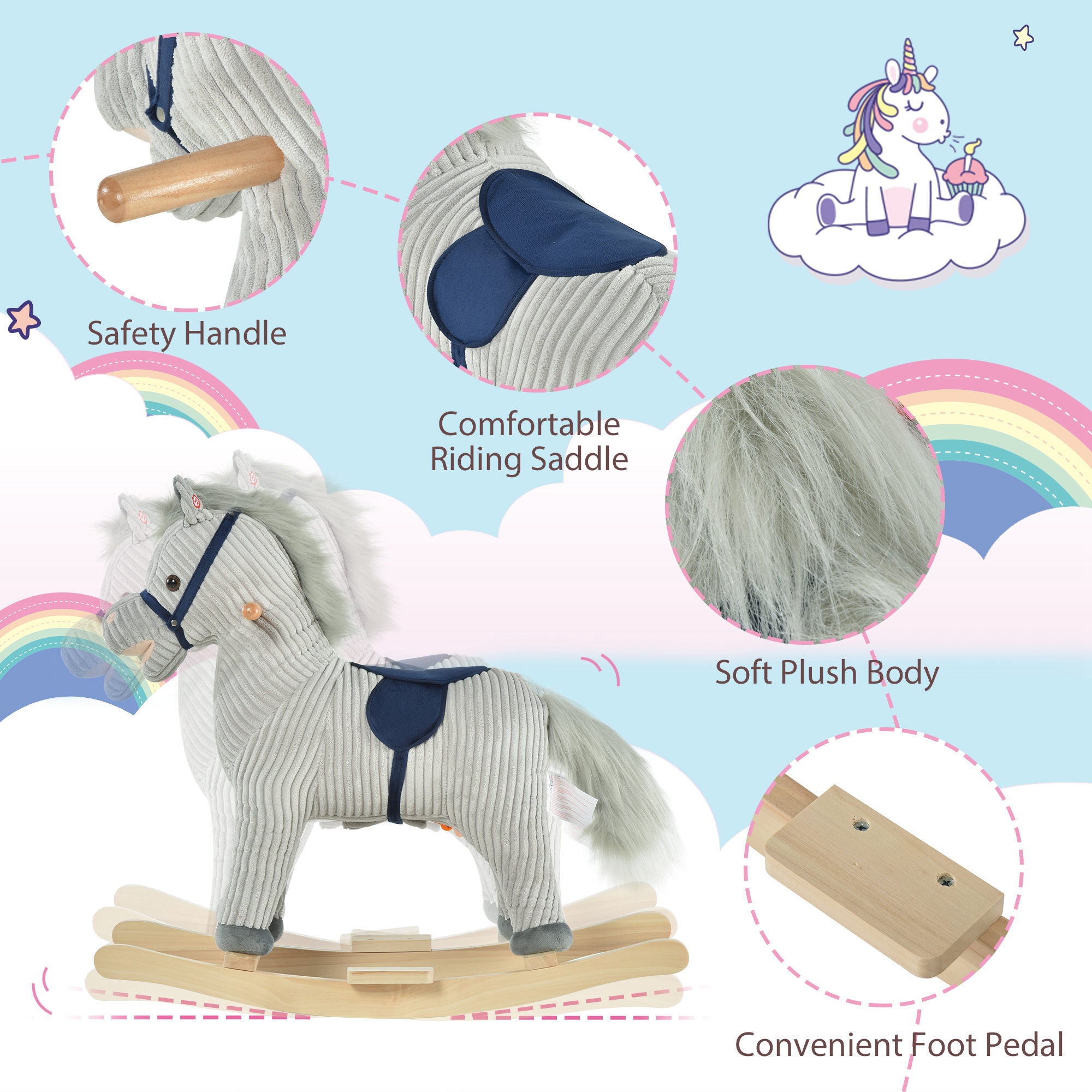 HOMCOM Kids Plush Rocking Horse w/ Sound Children Rocker Ride On Toy Gift 3-6 Years Grey - North Peak Garden Furniture