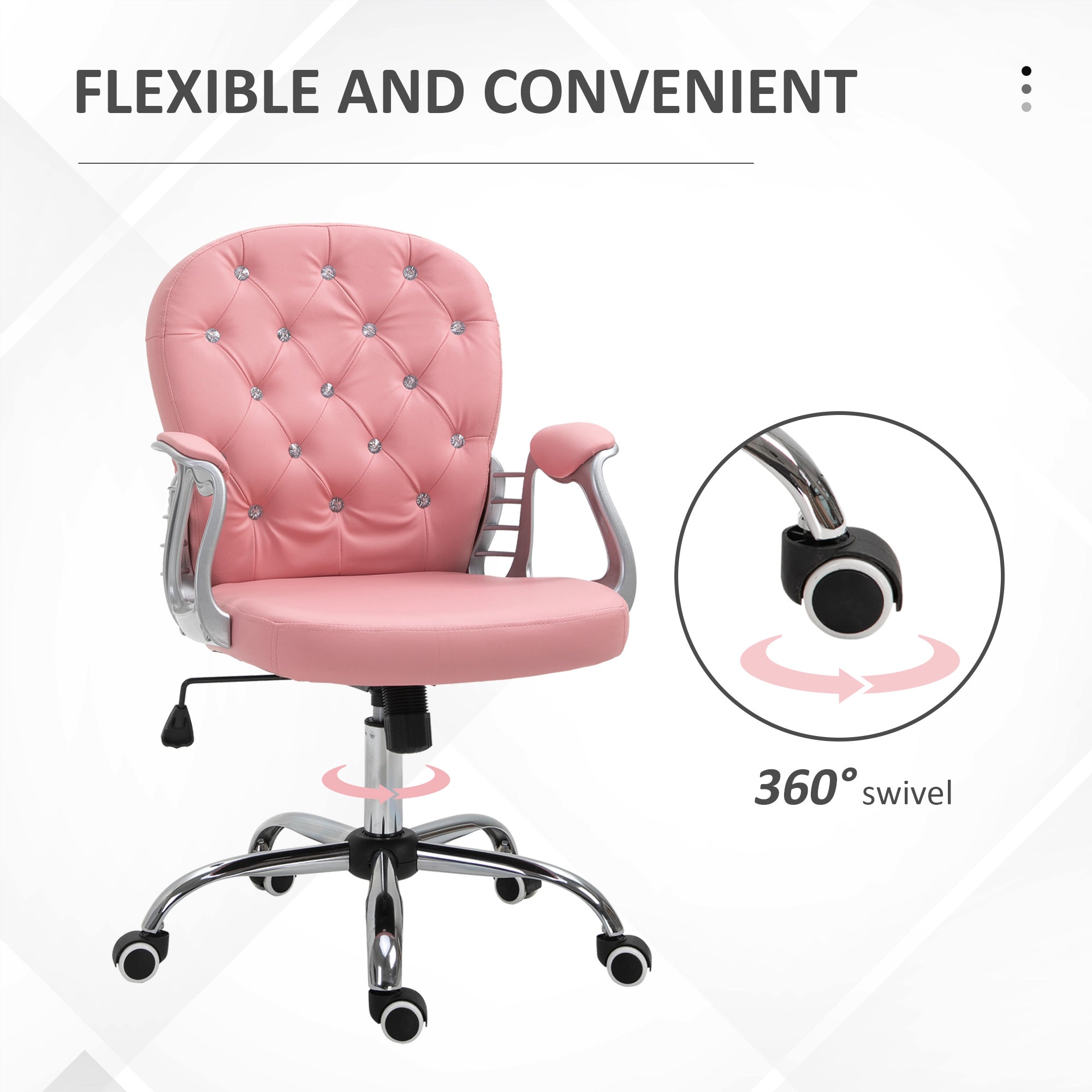 Vinsetto Office Chair Ergonomic 360° Swivel PU Diamante Padded Base 5 Castor Wheels for Home Work Pink - North Peak Garden Furniture